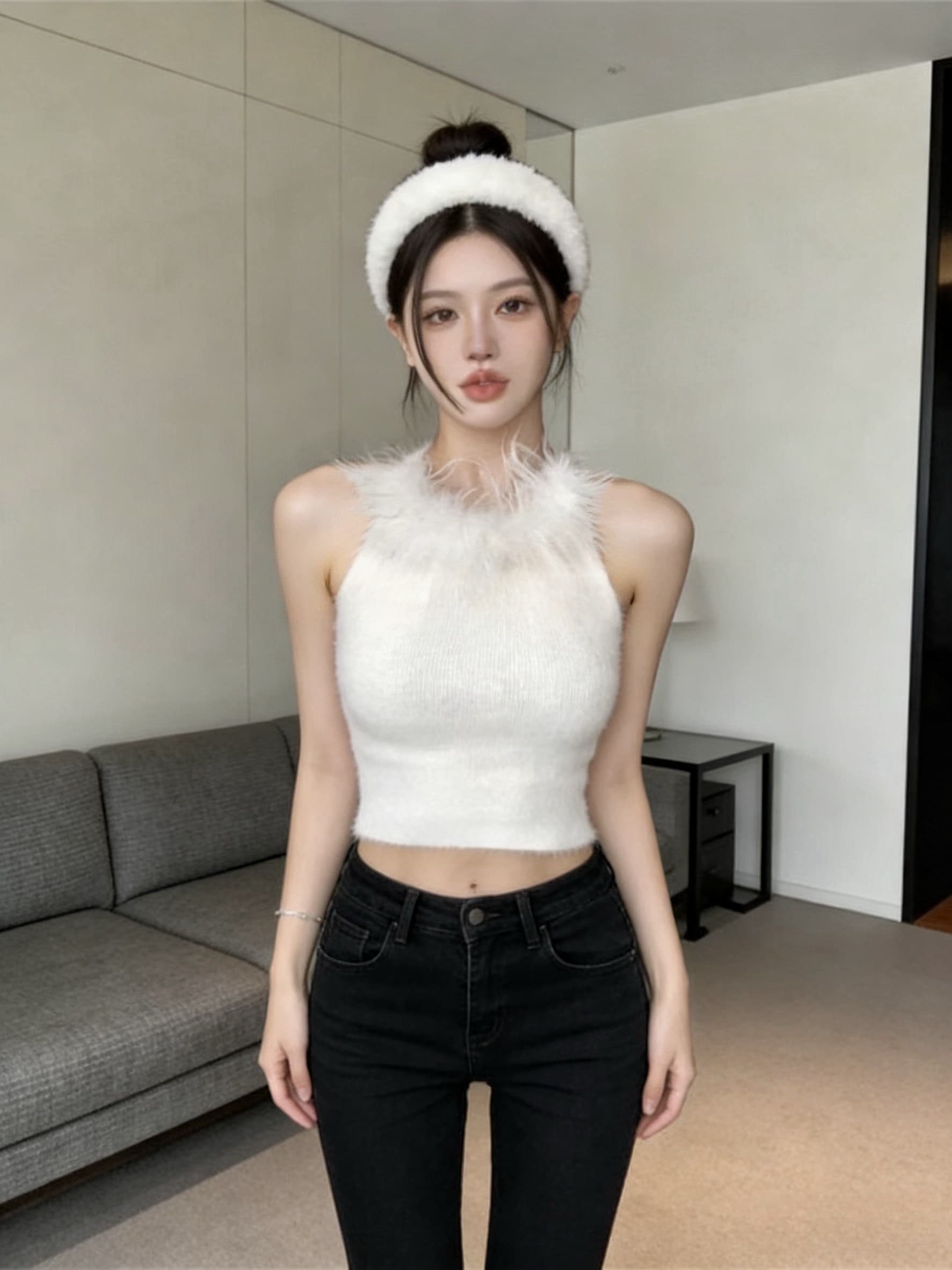 실사 순수한 욕망 핫걸 모피 행침 목 백리스 순수한 캐미솔 맨위 여성 상세 이미지 9