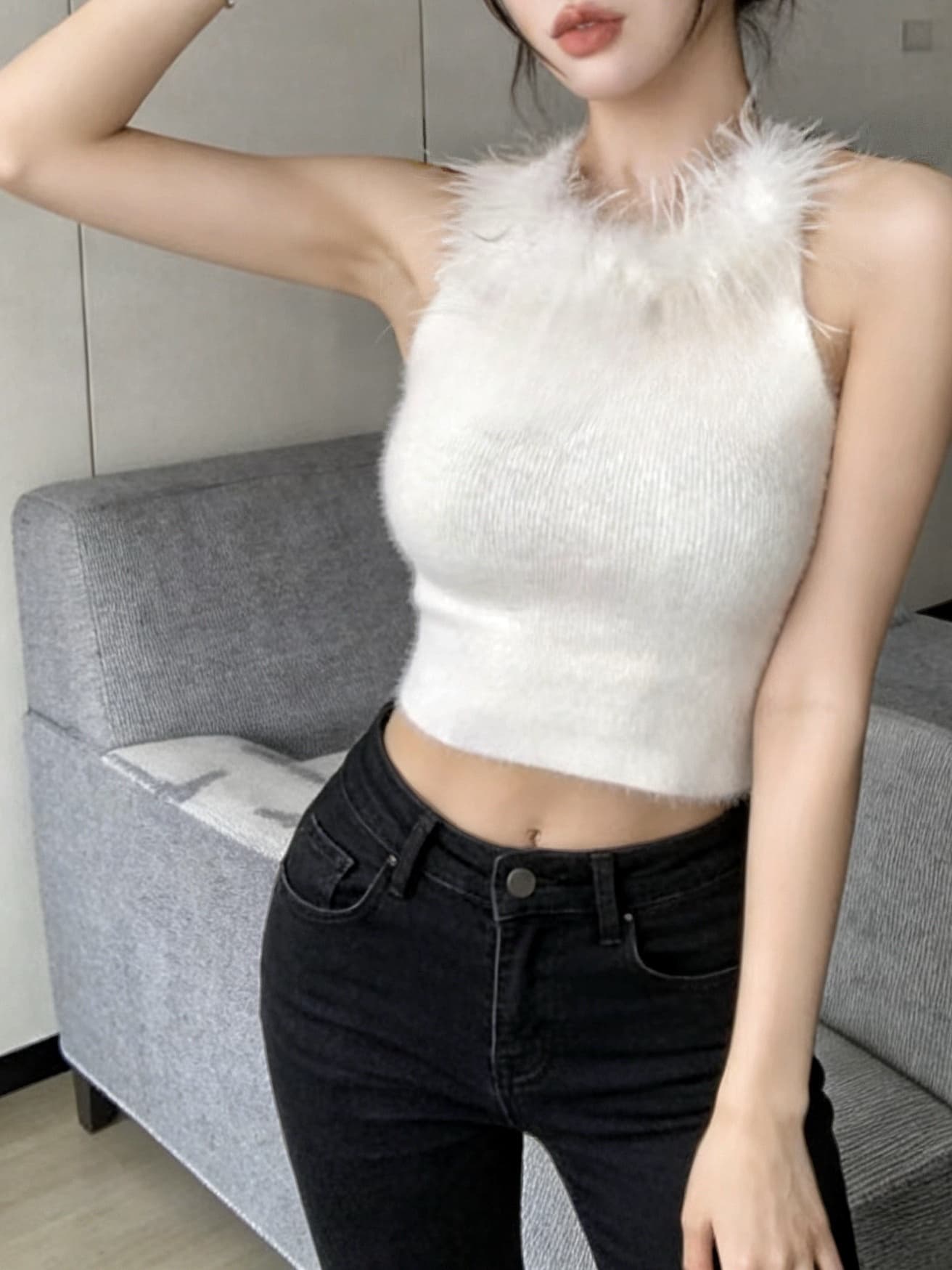 실사 순수한 욕망 핫걸 모피 행침 목 백리스 순수한 캐미솔 맨위 여성 상세 이미지 10