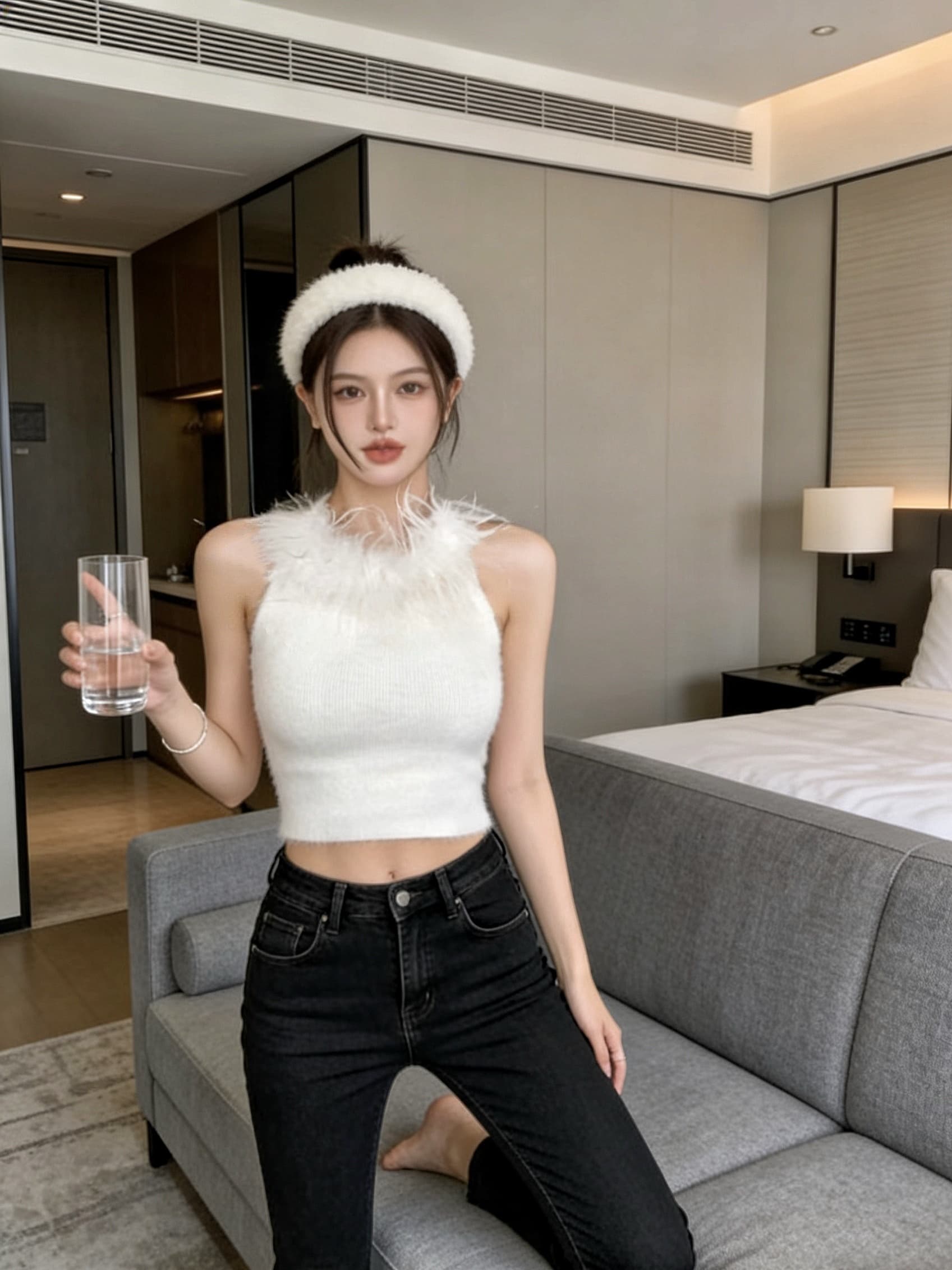 실사 순수한 욕망 핫걸 모피 행침 목 백리스 순수한 캐미솔 맨위 여성 상세 이미지 11