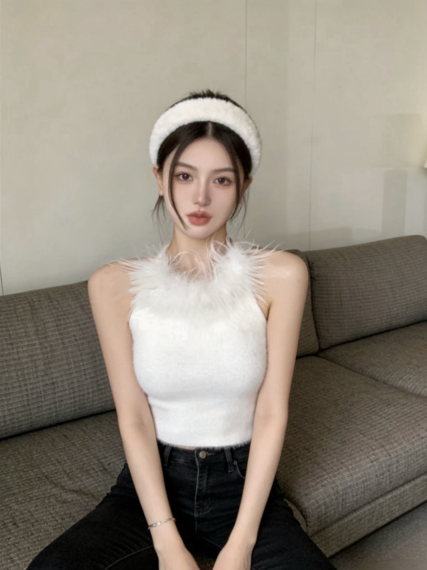 실사 순수한 욕망 핫걸 모피 행침 목 백리스 순수한 캐미솔 맨위 여성 상세 이미지 13