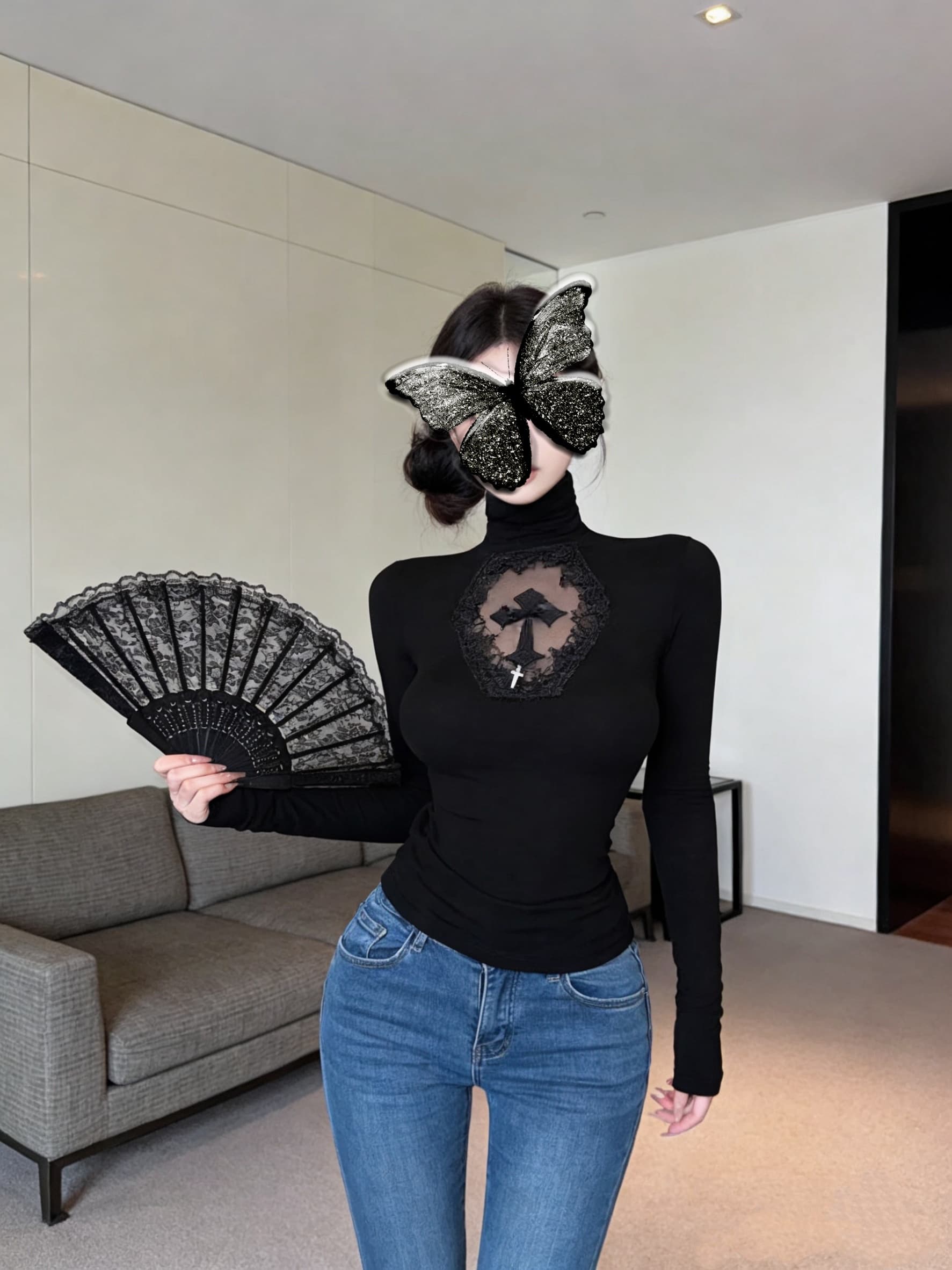 실사 검정색 터틀넥 다크 부서 패션 홀로우 아웃 십자가 몸매 가꾸기 긴팔 맨위 t 핫걸 셔츠 여성 의류 상세 이미지 3