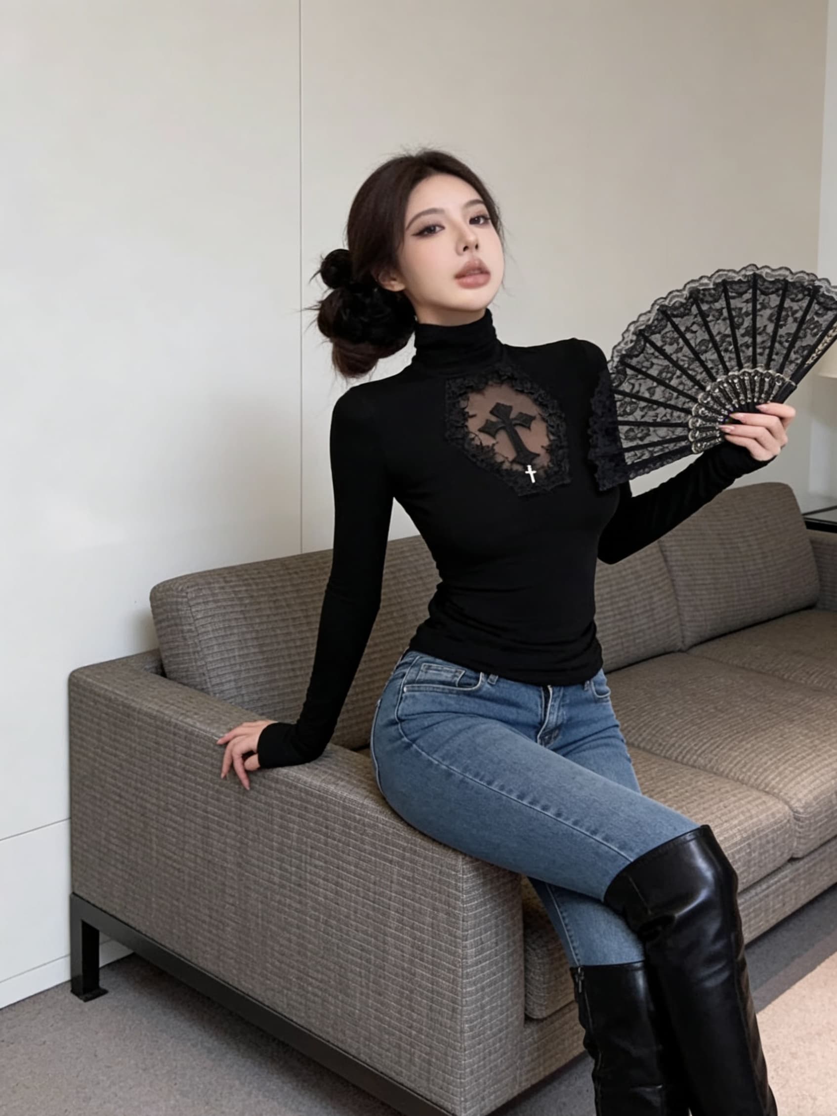 실사 검정색 터틀넥 다크 부서 패션 홀로우 아웃 십자가 몸매 가꾸기 긴팔 맨위 t 핫걸 셔츠 여성 의류 상세 이미지 9