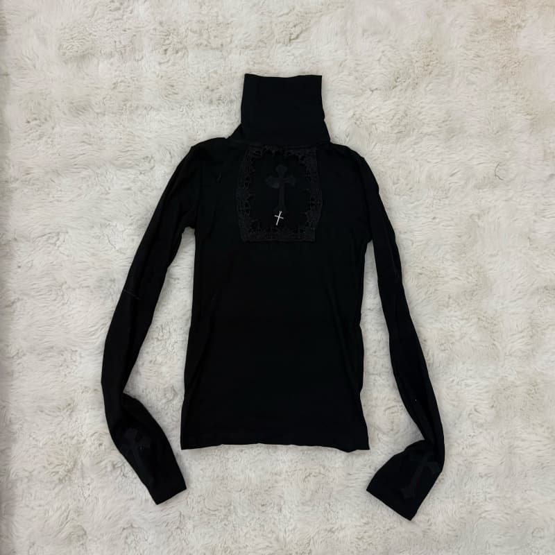 실사 검정색 터틀넥 다크 부서 패션 홀로우 아웃 십자가 몸매 가꾸기 긴팔 맨위 t 핫걸 셔츠 여성 의류 상세 이미지 15