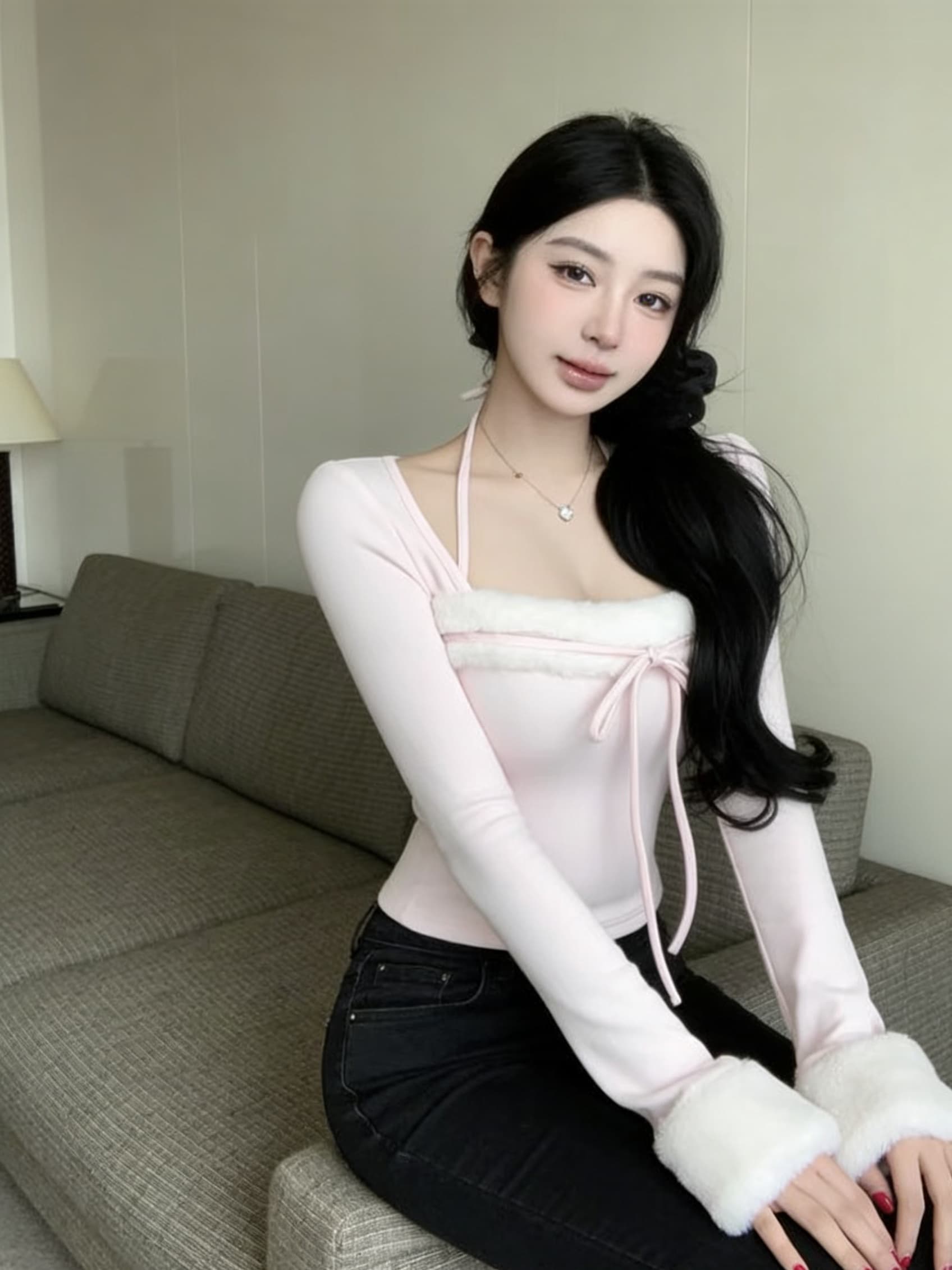 실사 핑크색 싸움 모피 행침 목 몸매 가꾸기 순수한 욕망 긴팔 달콤한 매운맛 맨위 티셔츠 여성 의류 이미지 2