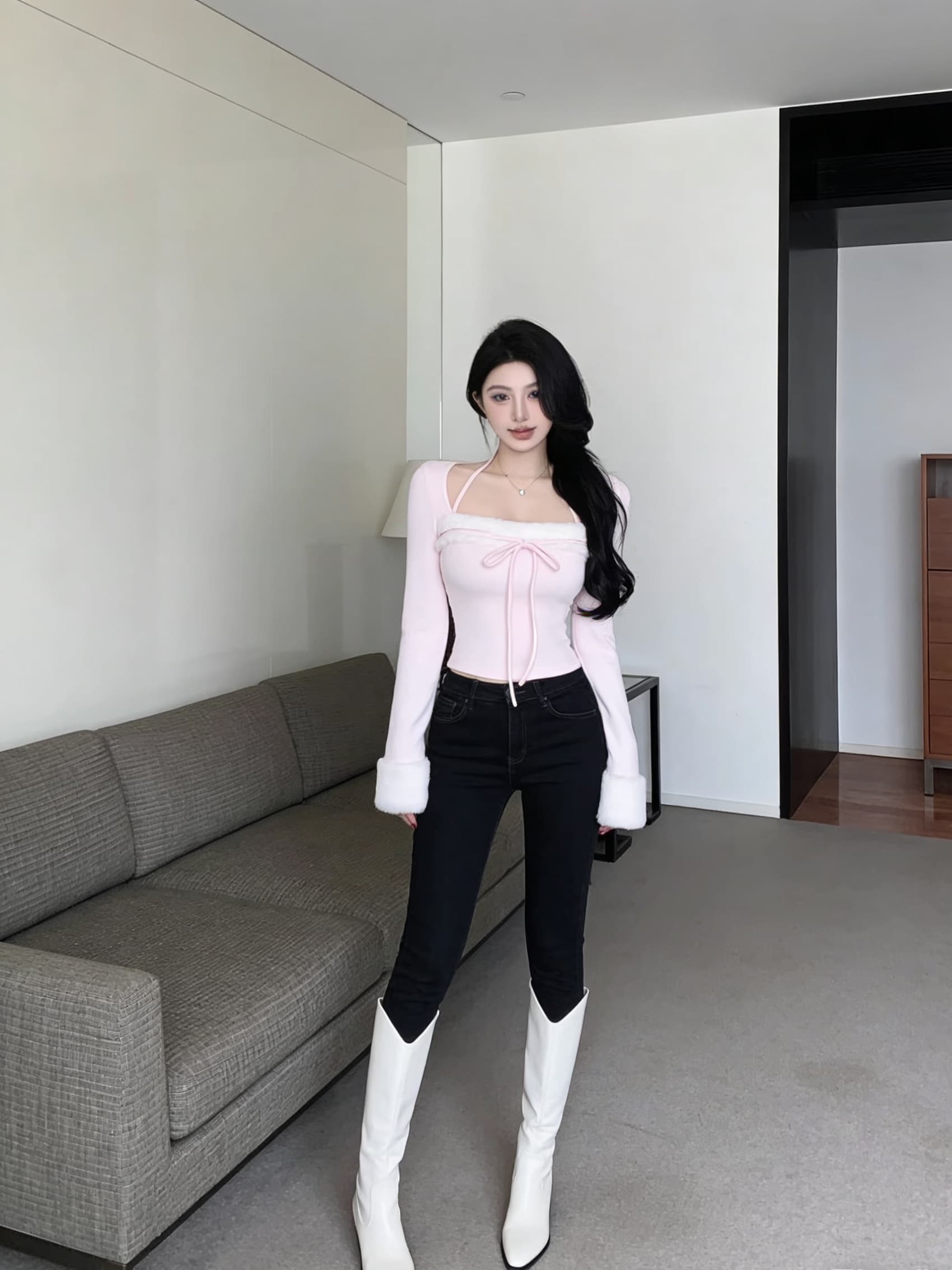 실사 핑크색 싸움 모피 행침 목 몸매 가꾸기 순수한 욕망 긴팔 달콤한 매운맛 맨위 티셔츠 여성 의류 상세 이미지 1