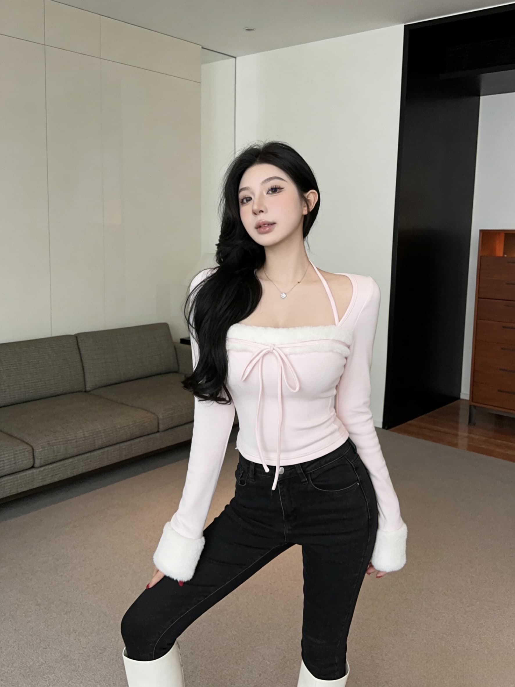 실사 핑크색 싸움 모피 행침 목 몸매 가꾸기 순수한 욕망 긴팔 달콤한 매운맛 맨위 티셔츠 여성 의류 상세 이미지 2
