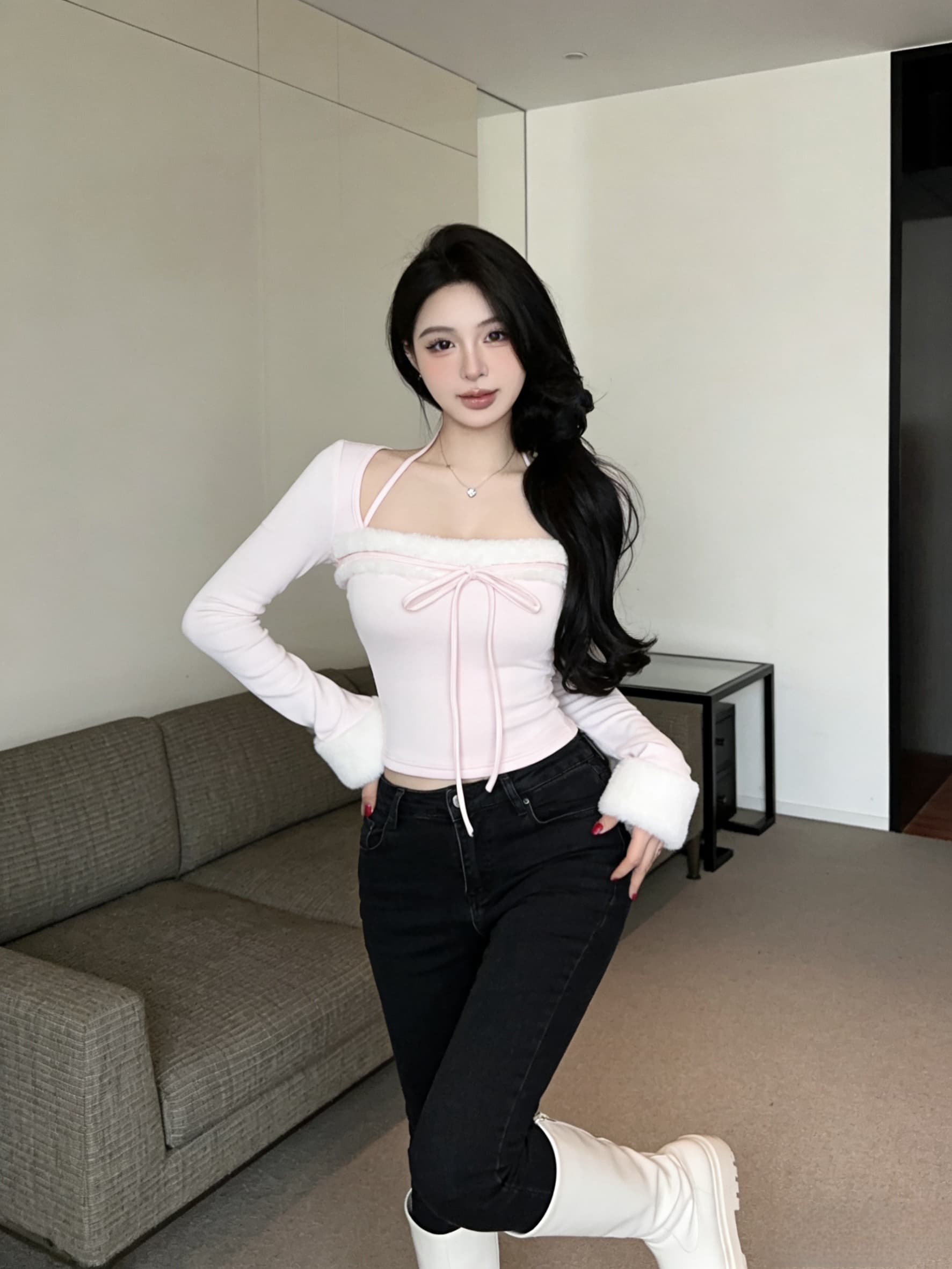 실사 핑크색 싸움 모피 행침 목 몸매 가꾸기 순수한 욕망 긴팔 달콤한 매운맛 맨위 티셔츠 여성 의류 상세 이미지 3