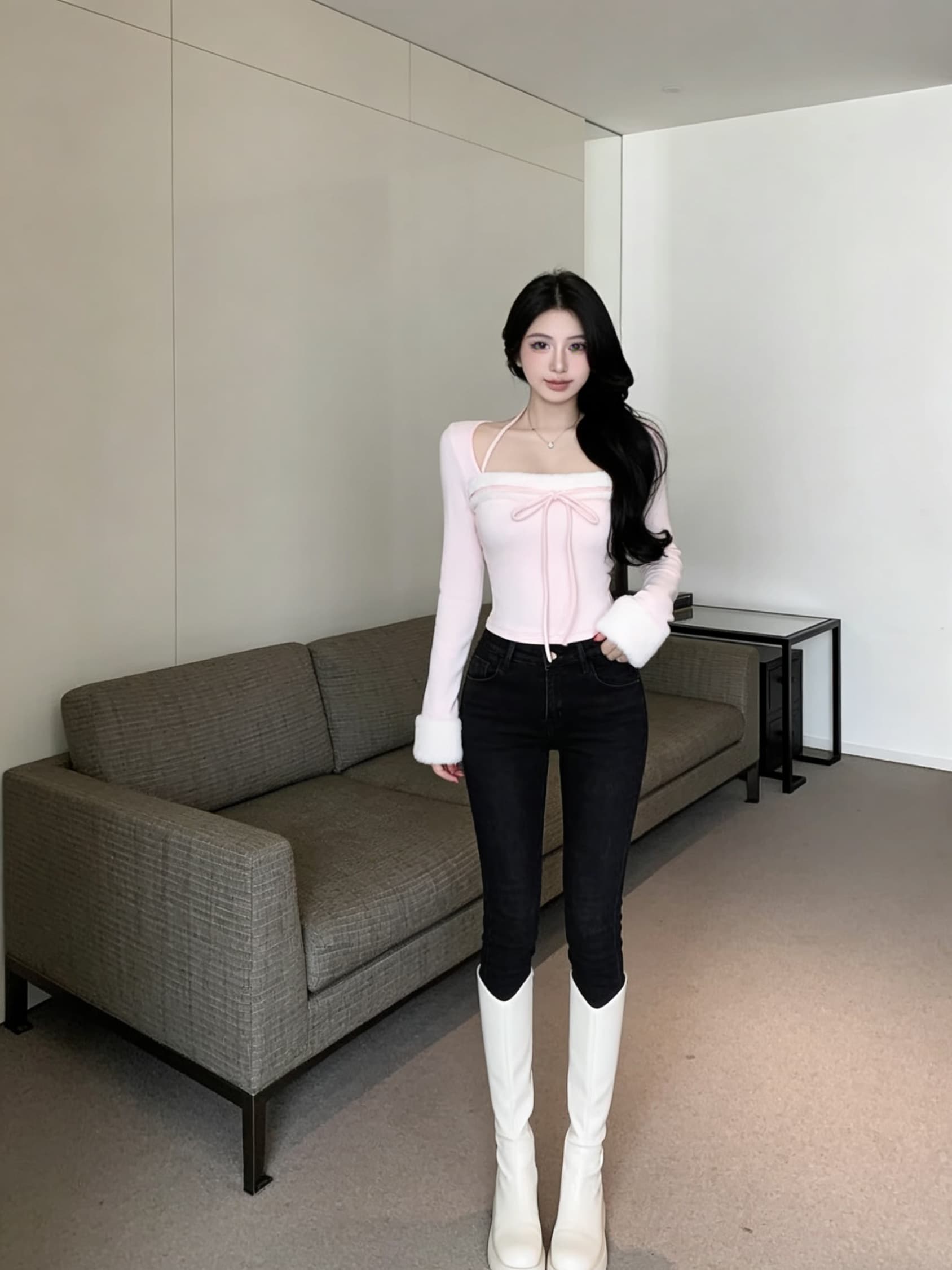 실사 핑크색 싸움 모피 행침 목 몸매 가꾸기 순수한 욕망 긴팔 달콤한 매운맛 맨위 티셔츠 여성 의류 상세 이미지 4