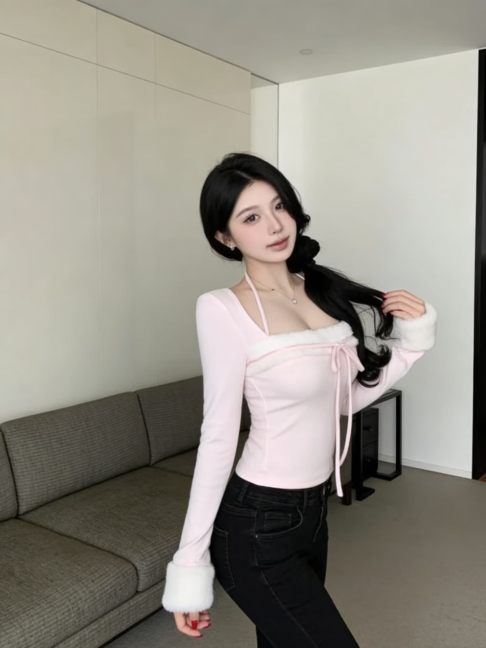 실사 핑크색 싸움 모피 행침 목 몸매 가꾸기 순수한 욕망 긴팔 달콤한 매운맛 맨위 티셔츠 여성 의류 상세 이미지 5