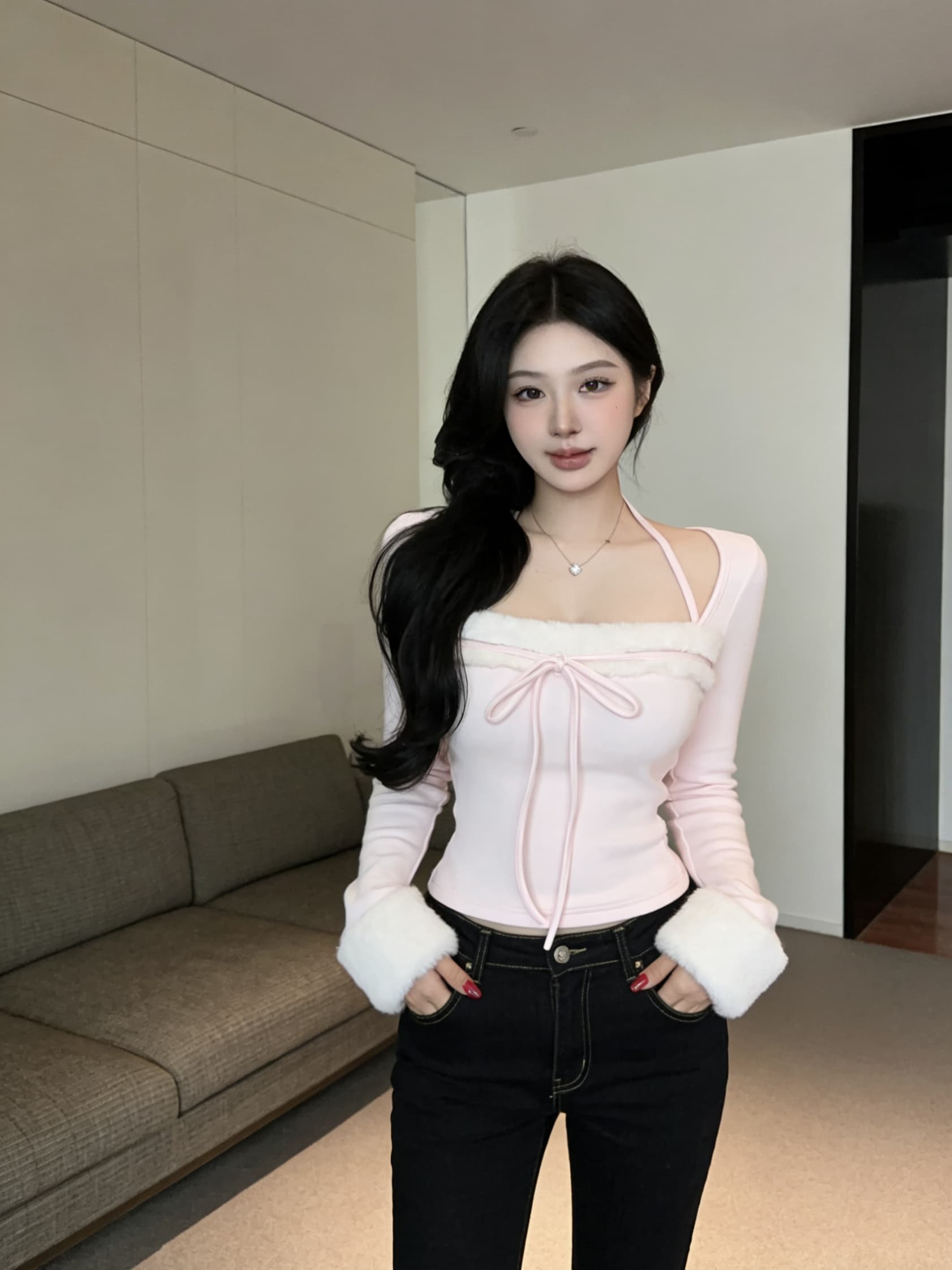 실사 핑크색 싸움 모피 행침 목 몸매 가꾸기 순수한 욕망 긴팔 달콤한 매운맛 맨위 티셔츠 여성 의류 상세 이미지 7
