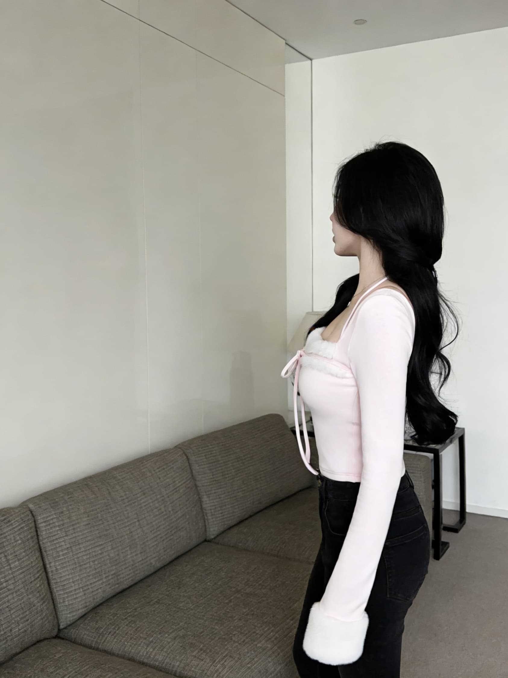 실사 핑크색 싸움 모피 행침 목 몸매 가꾸기 순수한 욕망 긴팔 달콤한 매운맛 맨위 티셔츠 여성 의류 상세 이미지 8