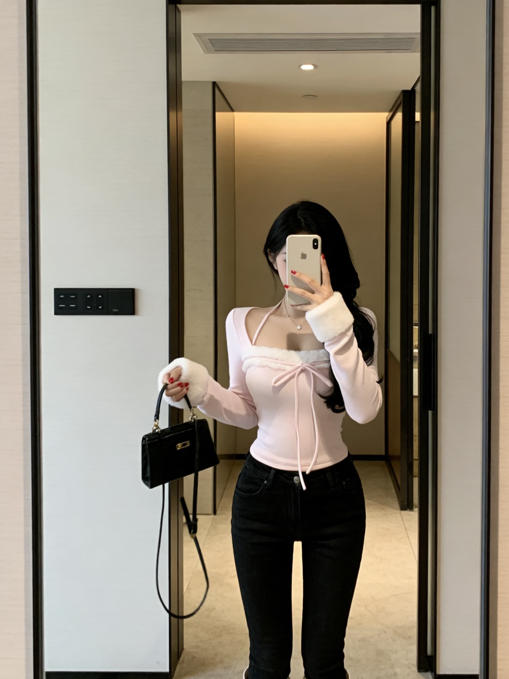 실사 핑크색 싸움 모피 행침 목 몸매 가꾸기 순수한 욕망 긴팔 달콤한 매운맛 맨위 티셔츠 여성 의류 상세 이미지 12
