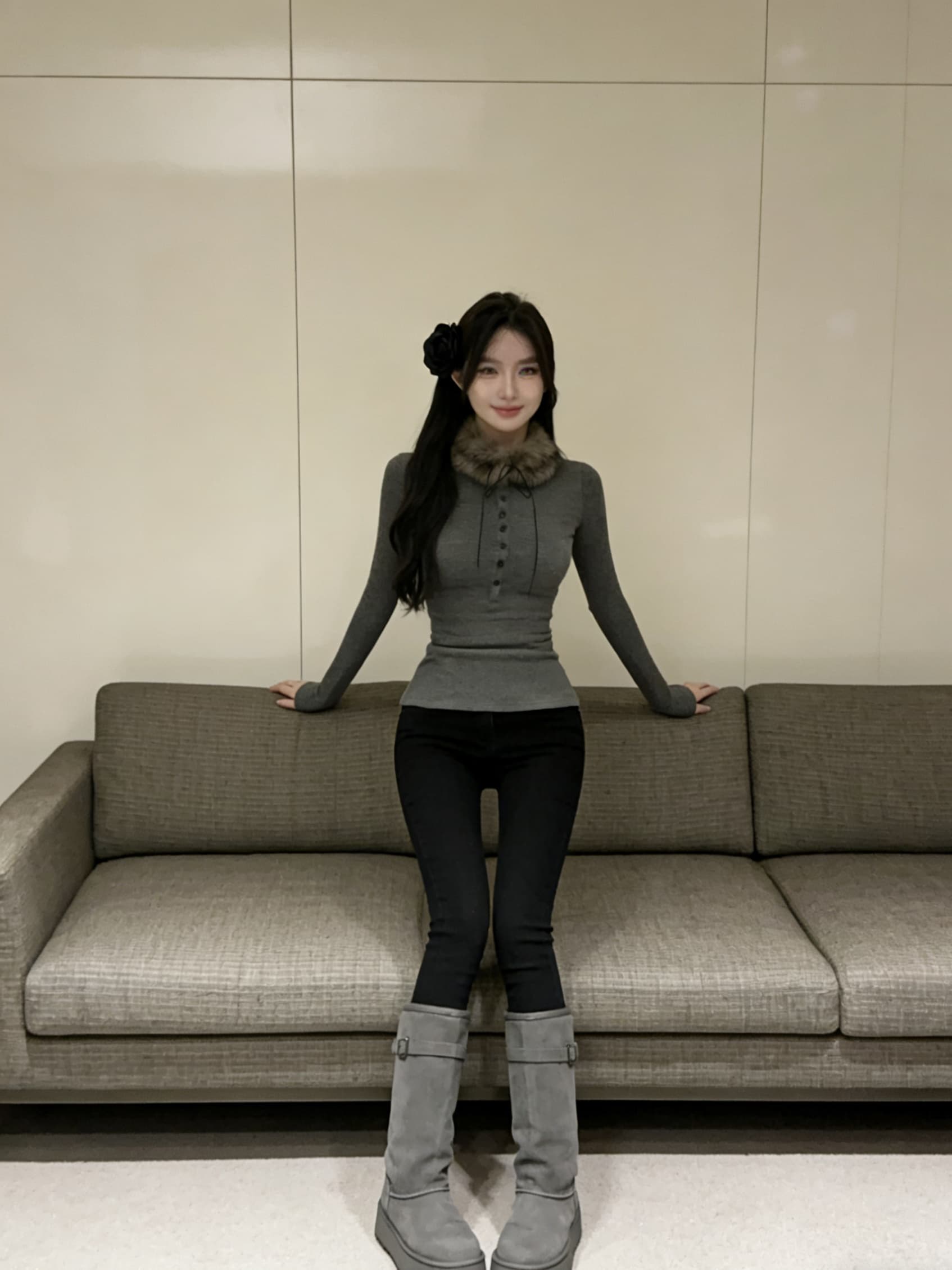 실사 회색 몸매 가꾸기 긴팔 패션 보내기 털 모피 칼라 기본 셔츠 여성 의류 티셔츠 맨위 새로운 이미지 2
