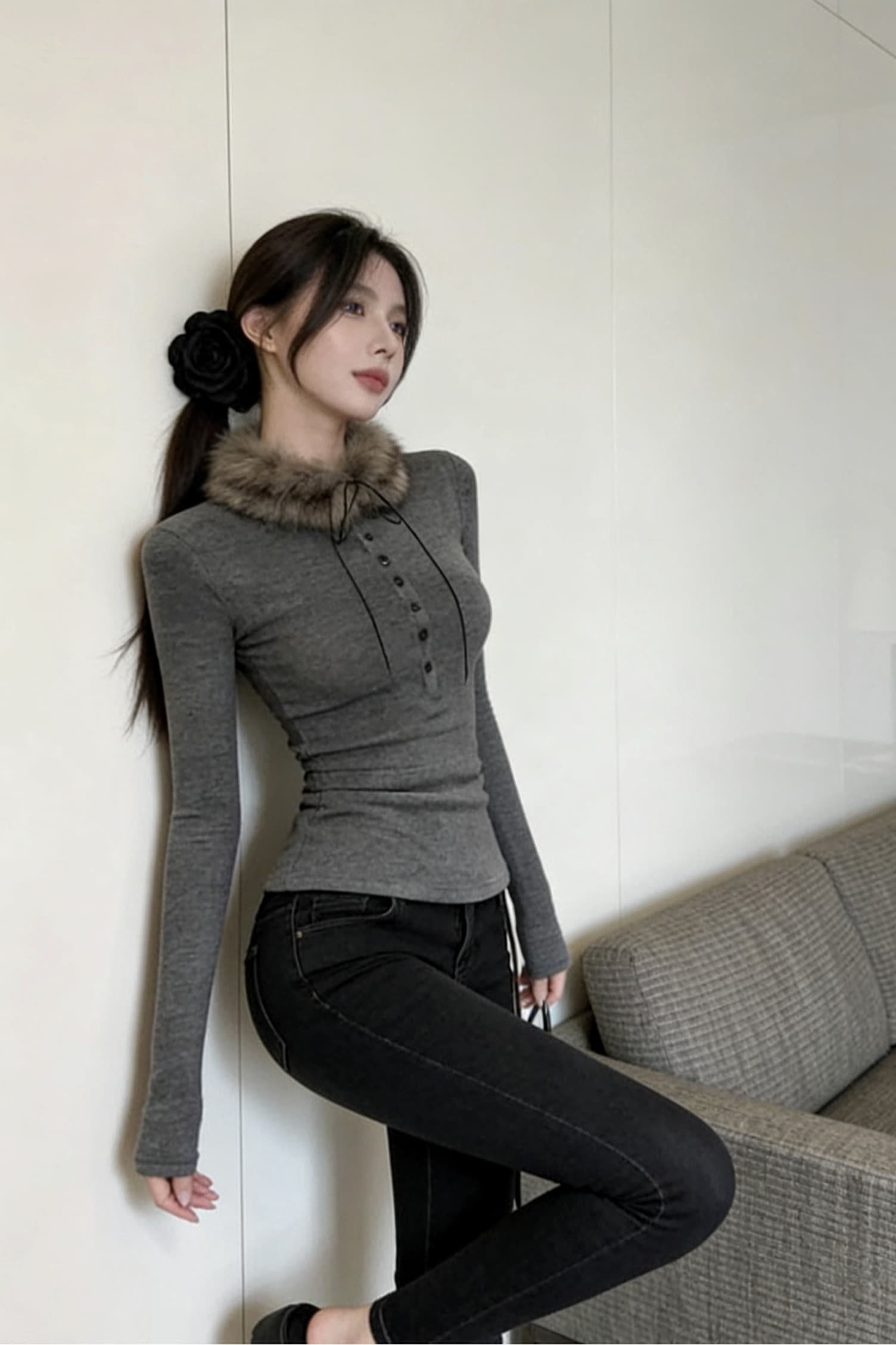 실사 회색 몸매 가꾸기 긴팔 패션 보내기 털 모피 칼라 기본 셔츠 여성 의류 티셔츠 맨위 새로운 이미지 6