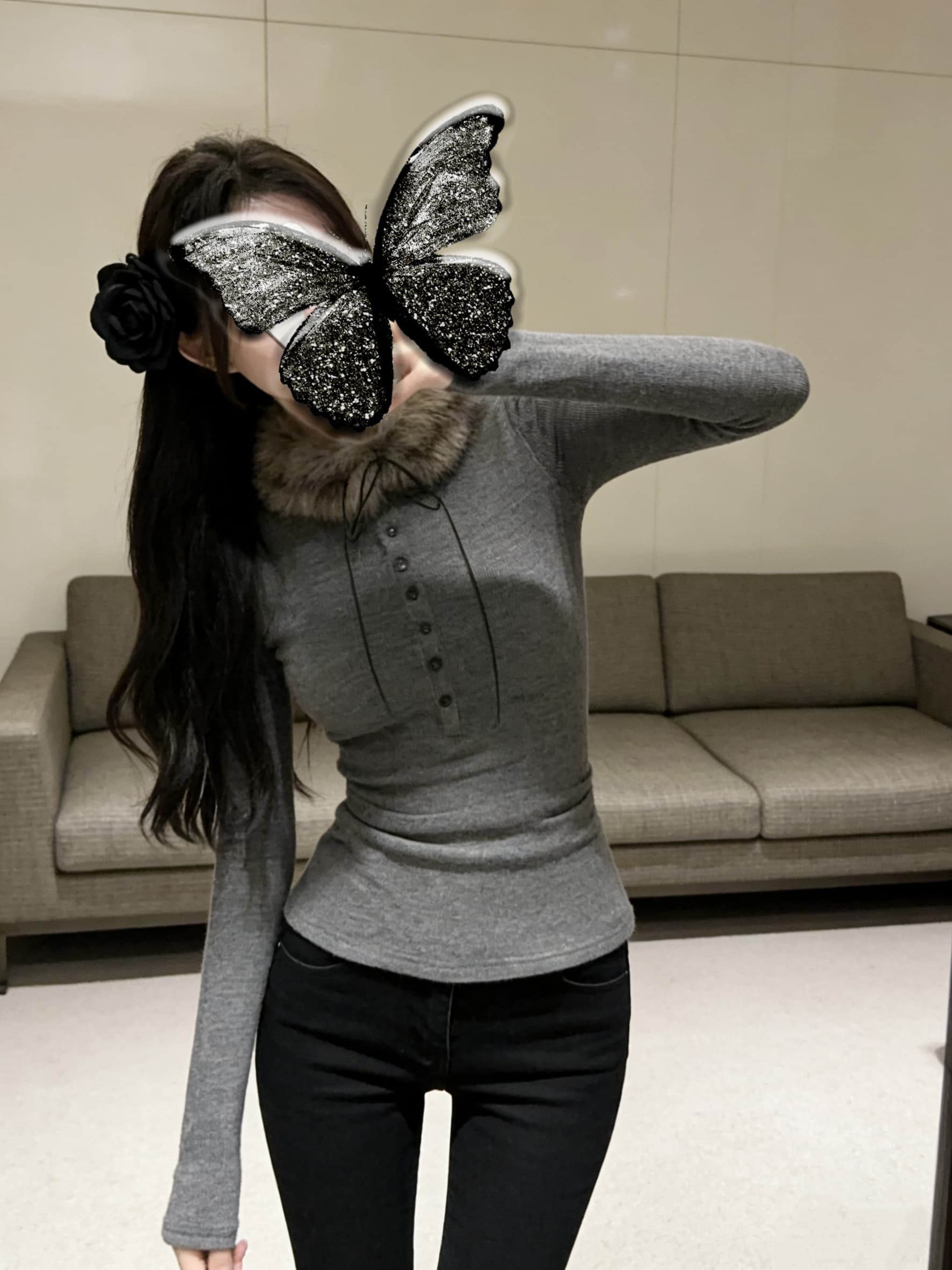 실사 회색 몸매 가꾸기 긴팔 패션 보내기 털 모피 칼라 기본 셔츠 여성 의류 티셔츠 맨위 새로운 상세 이미지 1