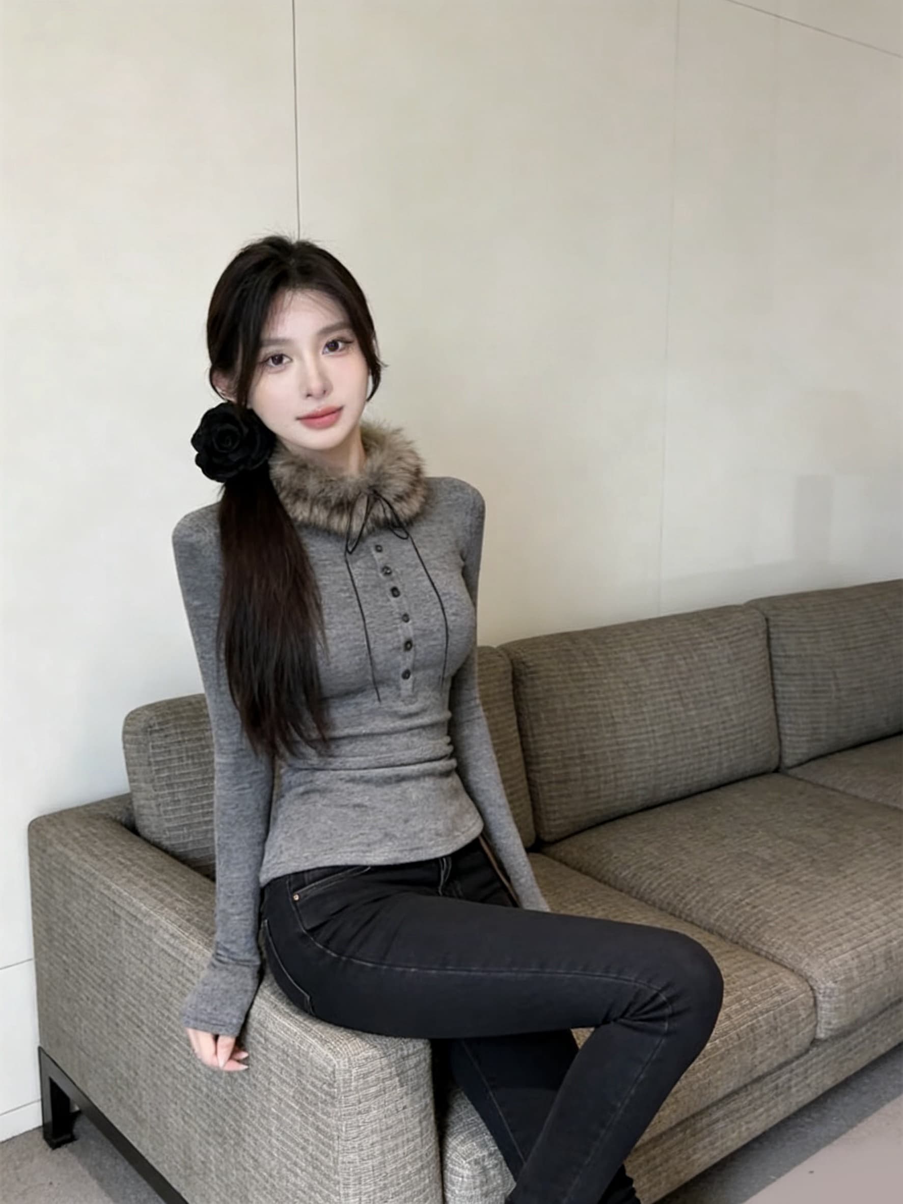 실사 회색 몸매 가꾸기 긴팔 패션 보내기 털 모피 칼라 기본 셔츠 여성 의류 티셔츠 맨위 새로운 상세 이미지 3
