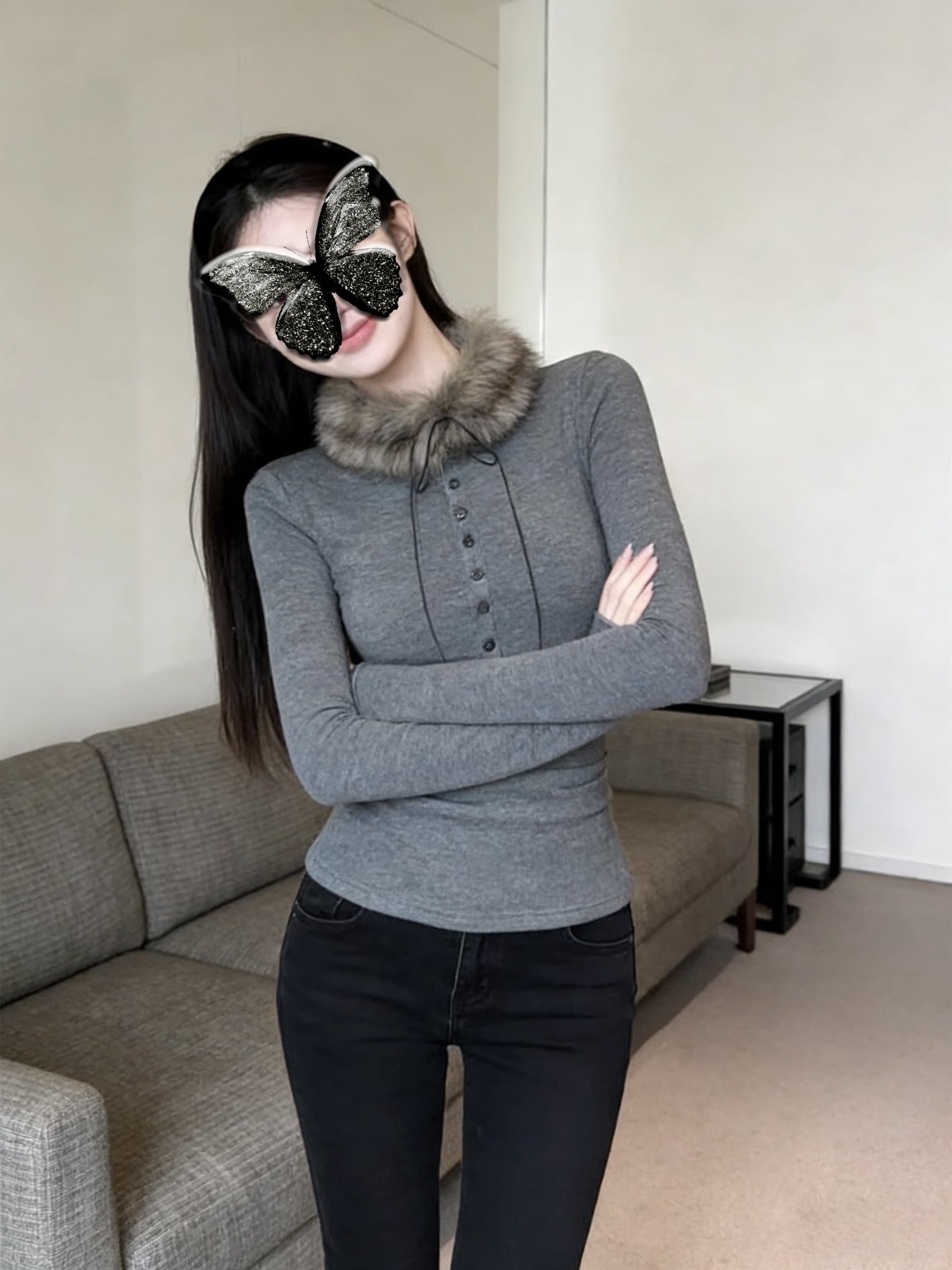 실사 회색 몸매 가꾸기 긴팔 패션 보내기 털 모피 칼라 기본 셔츠 여성 의류 티셔츠 맨위 새로운 상세 이미지 6