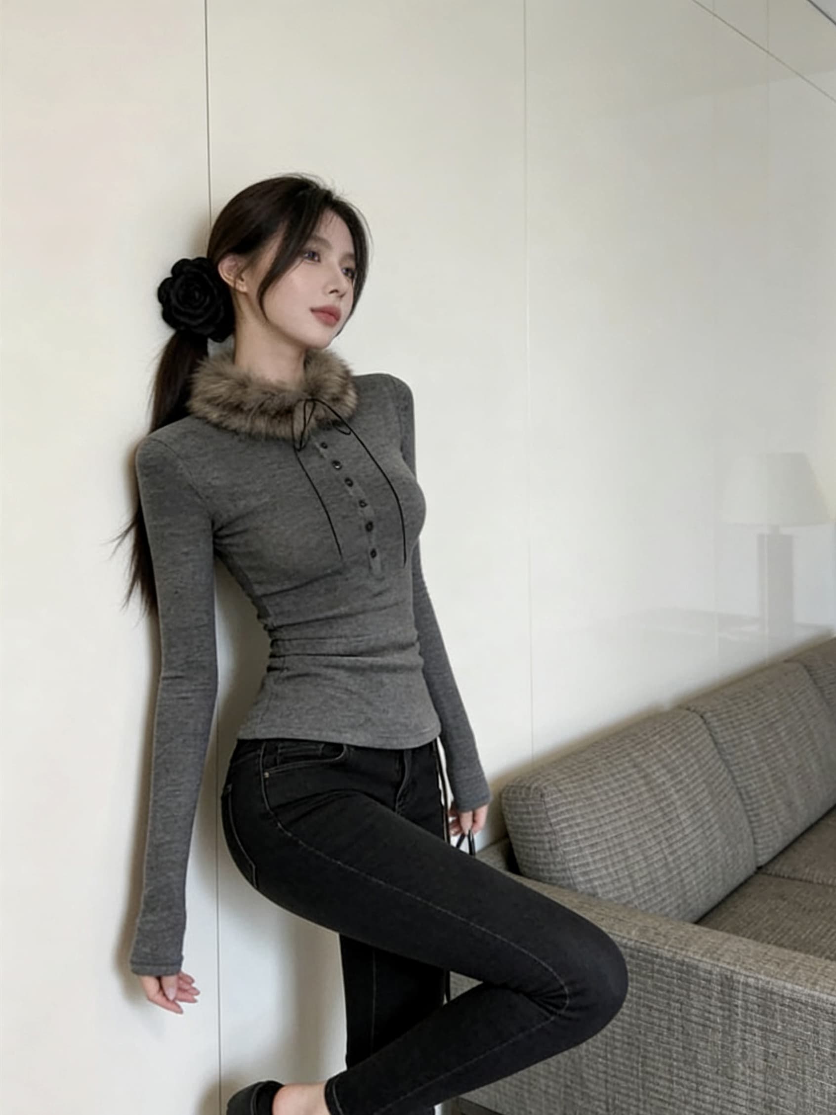 실사 회색 몸매 가꾸기 긴팔 패션 보내기 털 모피 칼라 기본 셔츠 여성 의류 티셔츠 맨위 새로운 상세 이미지 7