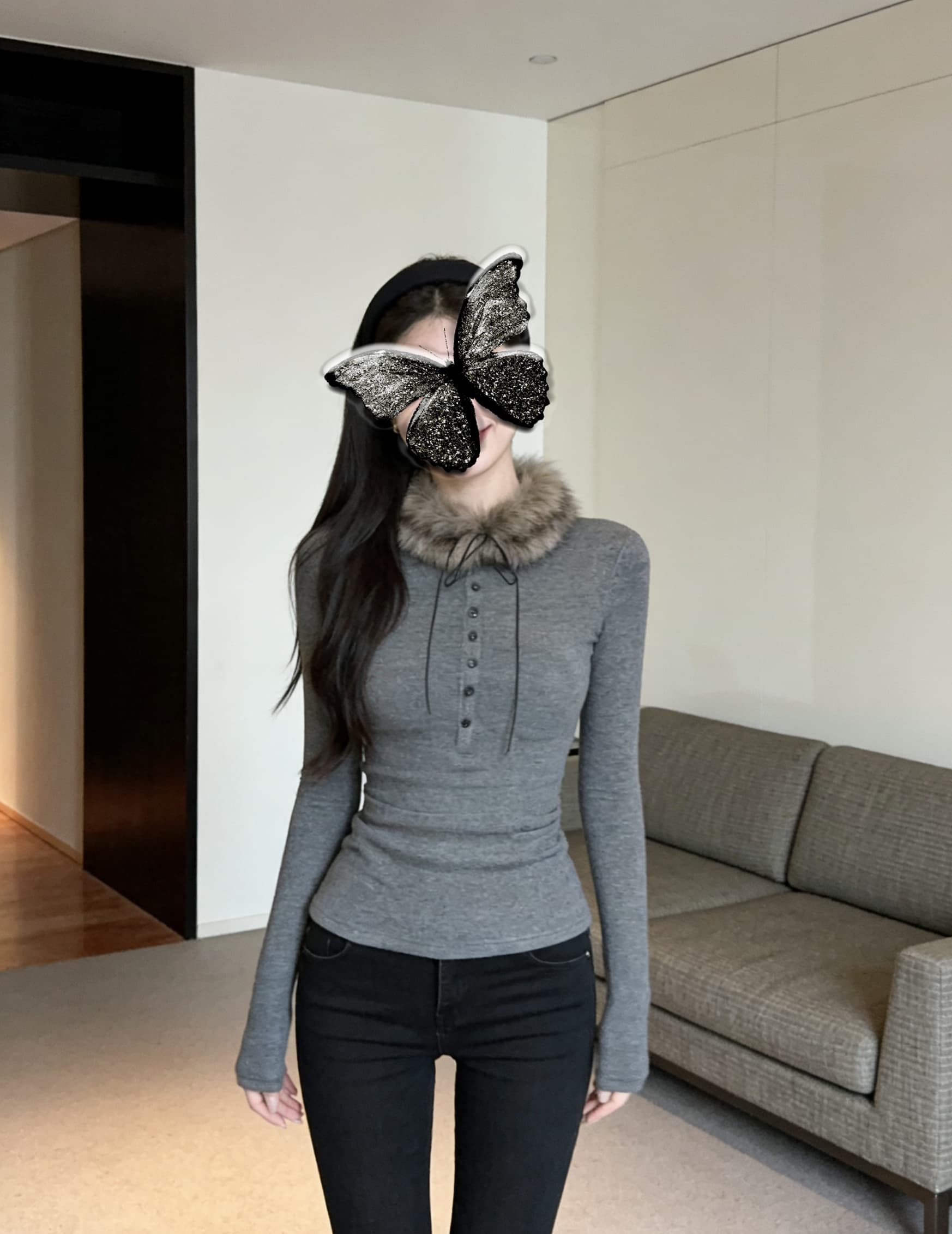 실사 회색 몸매 가꾸기 긴팔 패션 보내기 털 모피 칼라 기본 셔츠 여성 의류 티셔츠 맨위 새로운 상세 이미지 8
