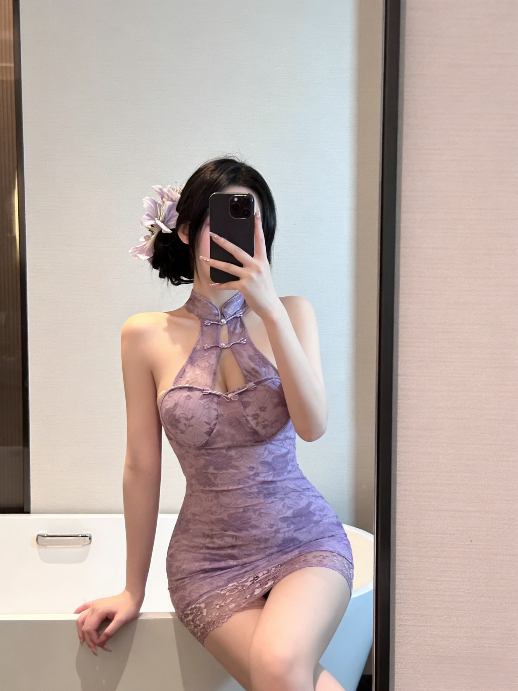 실사 보라색 시스루 망사 타이트 섹시함 유혹 몸매 가꾸기 초단 민소매 레트로 치파오 여성 드레스 이미지 4