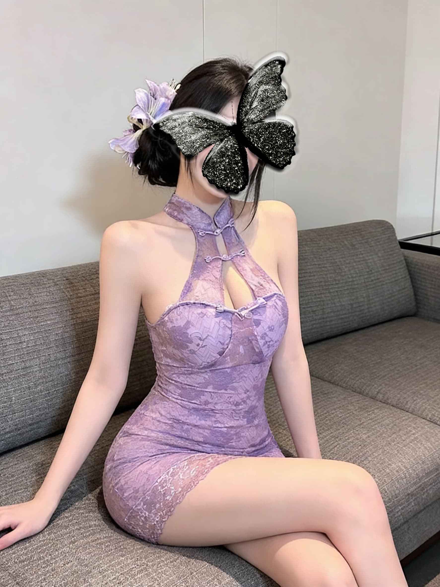 실사 보라색 시스루 망사 타이트 섹시함 유혹 몸매 가꾸기 초단 민소매 레트로 치파오 여성 드레스 상세 이미지 7