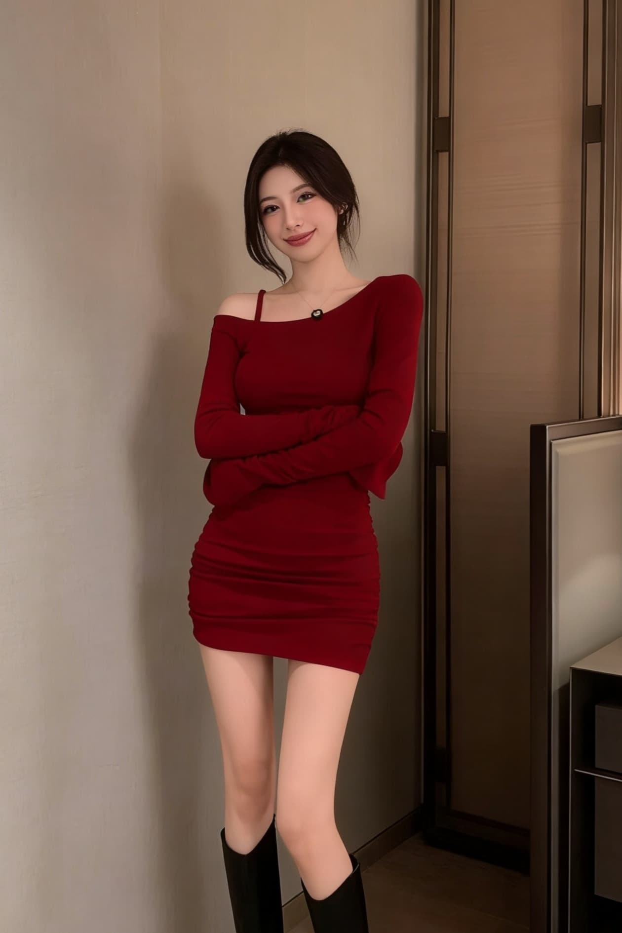 실사 빨간색 긴팔 주름 몸매 가꾸기 타이트 스커트 오프숄더 비스듬한 칼라 패션 섹시함 핫걸 여성 드레스 이미지 5