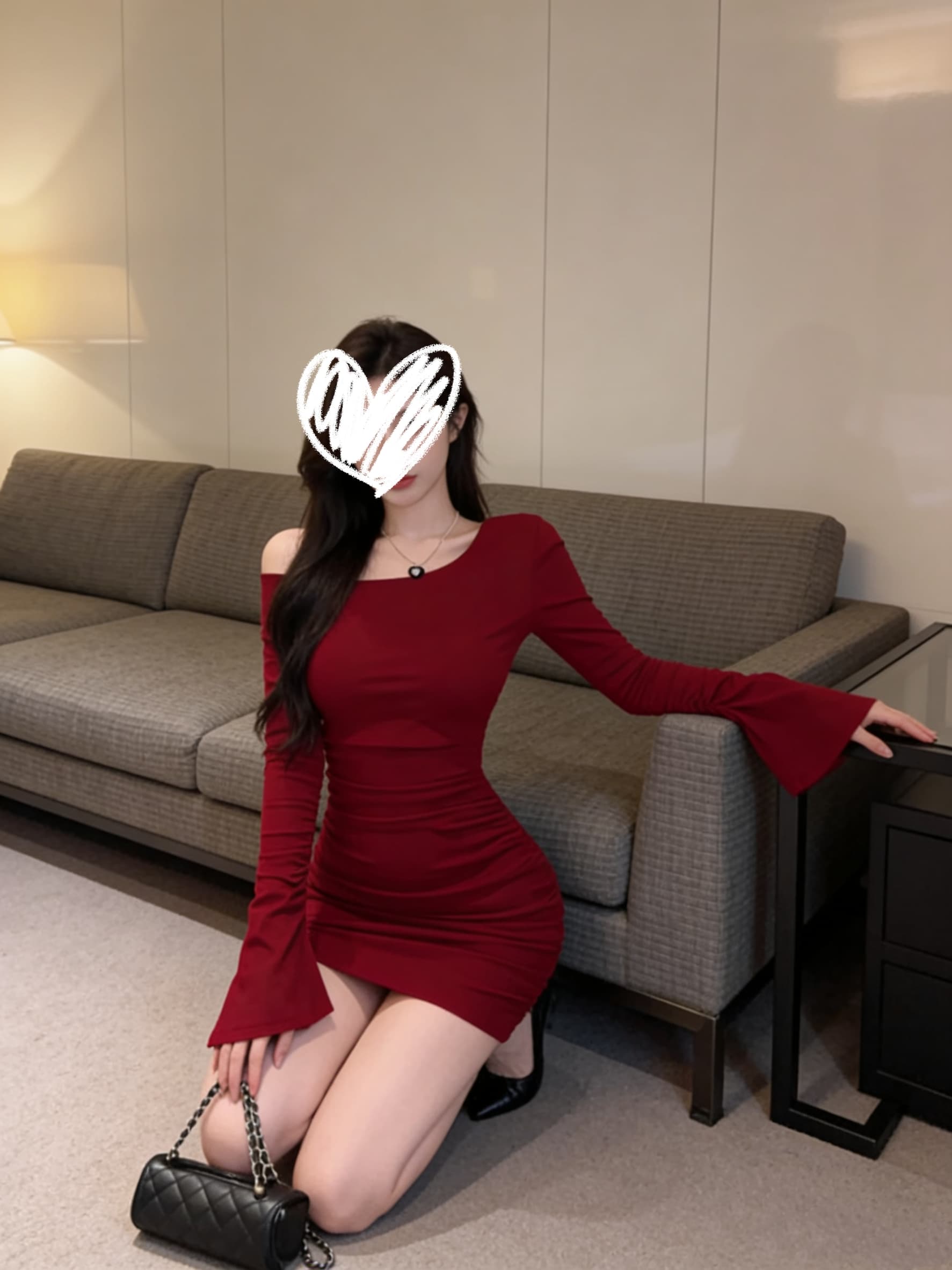 실사 빨간색 긴팔 주름 몸매 가꾸기 타이트 스커트 오프숄더 비스듬한 칼라 패션 섹시함 핫걸 여성 드레스 상세 이미지 1