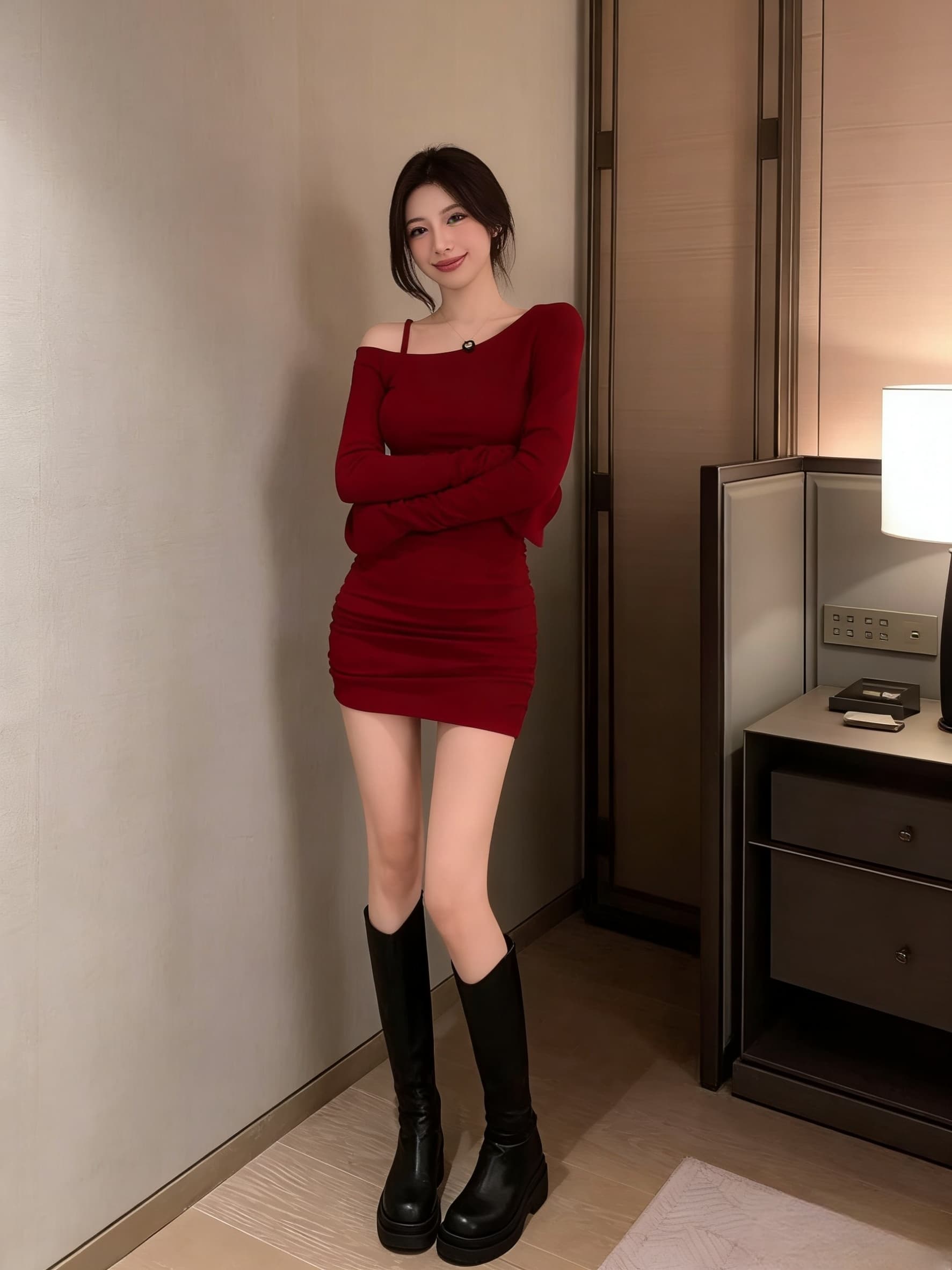 실사 빨간색 긴팔 주름 몸매 가꾸기 타이트 스커트 오프숄더 비스듬한 칼라 패션 섹시함 핫걸 여성 드레스 상세 이미지 6