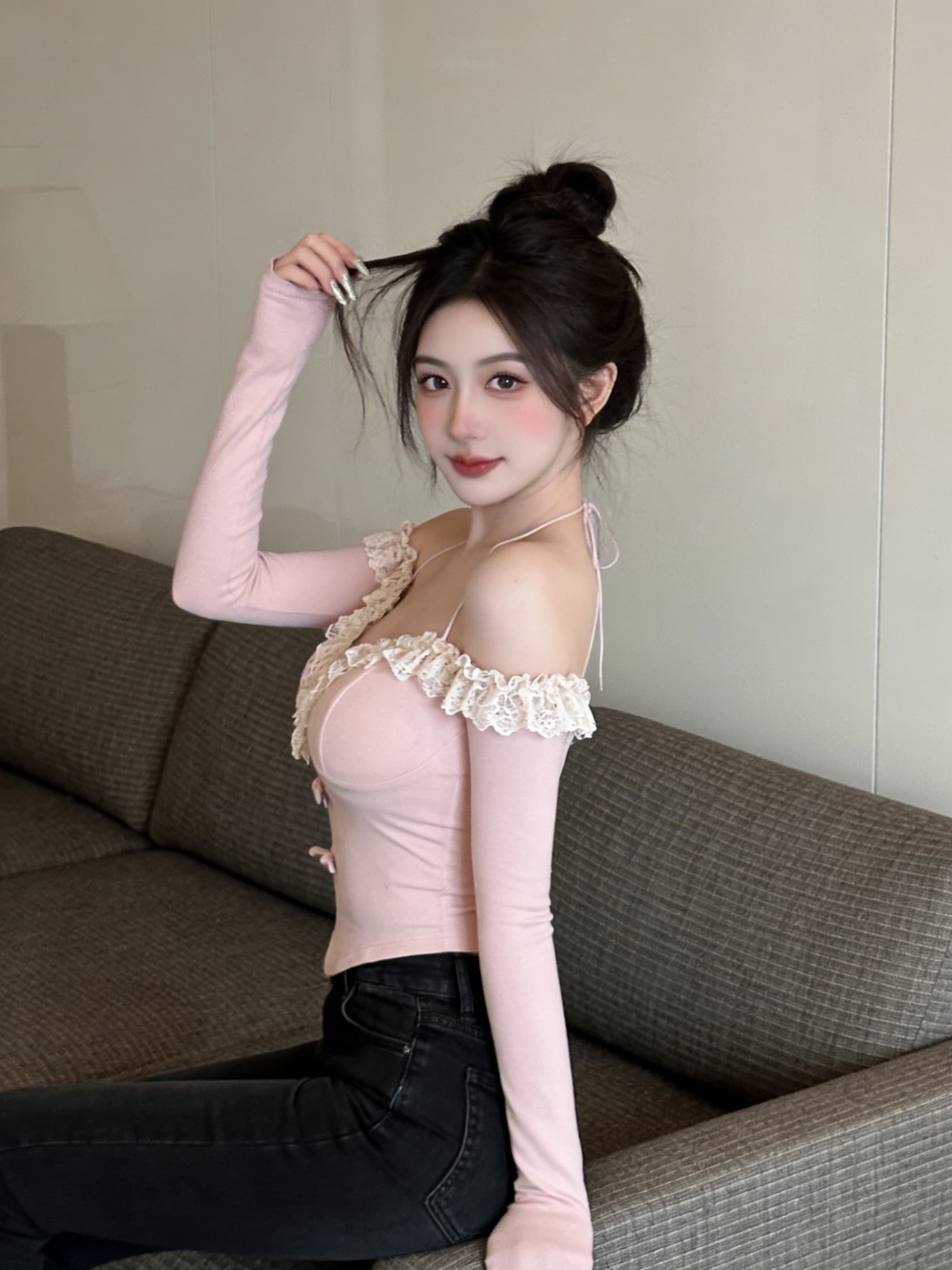 실사 긴팔 오프숄더 보트넥 긴팔 쇼트 스타일 핑크색 달콤한 매운맛 바람 레이스 패션 맨위 여성 티셔츠 긴팔 상세 이미지 6