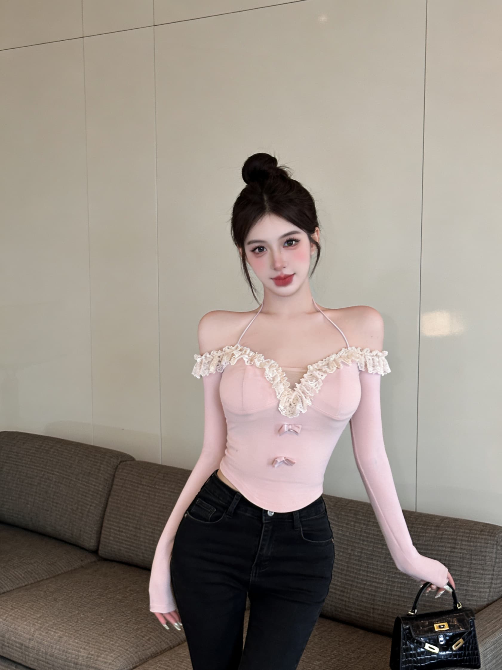 실사 긴팔 오프숄더 보트넥 긴팔 쇼트 스타일 핑크색 달콤한 매운맛 바람 레이스 패션 맨위 여성 티셔츠 긴팔 상세 이미지 9