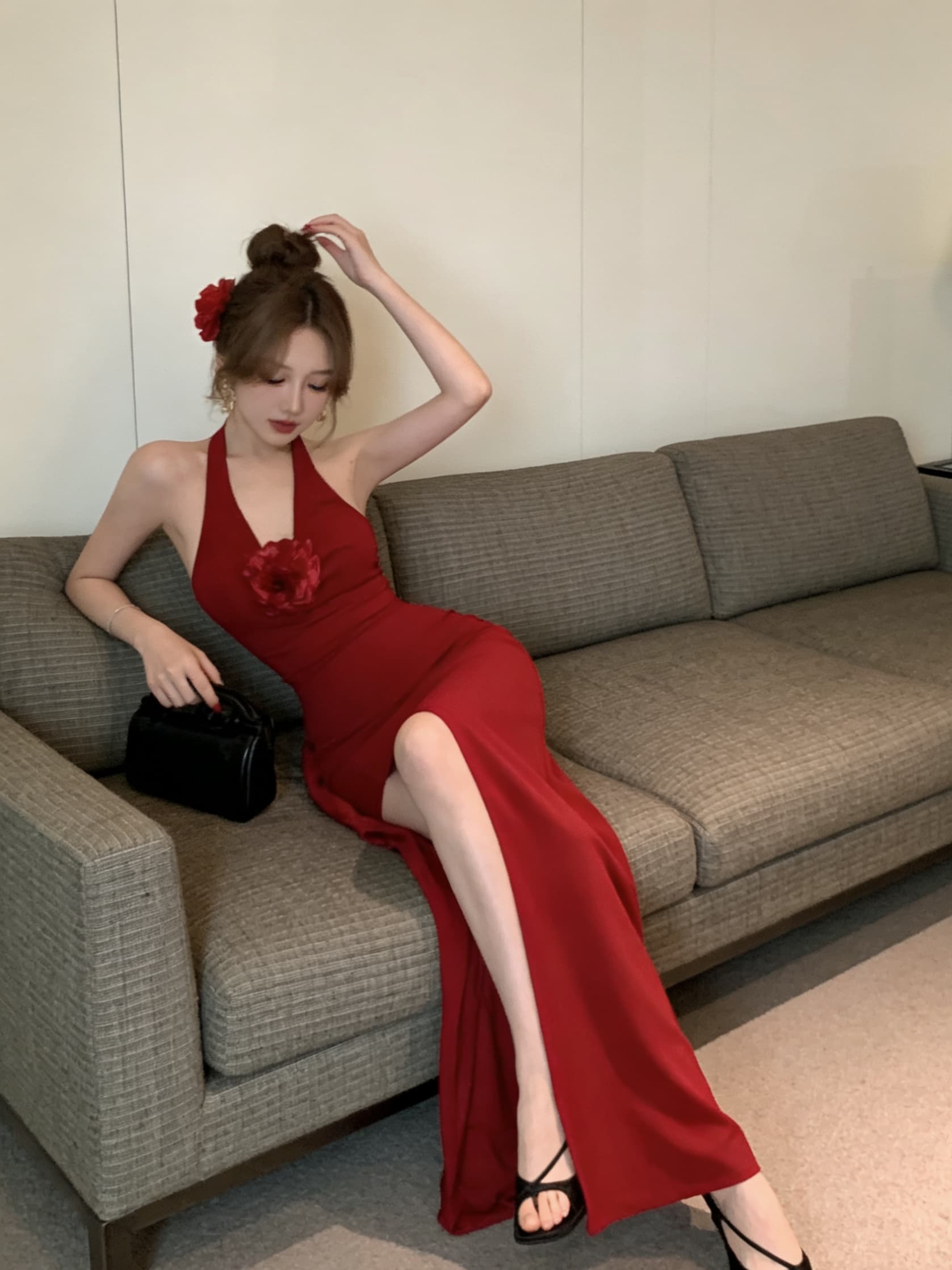 실사 섹시함 핫걸 빨간색 3 차원 꽃 V넥 롱 코트 트임 예복 해변가 휴가 행침 목 여성 드레스 상세 이미지 11