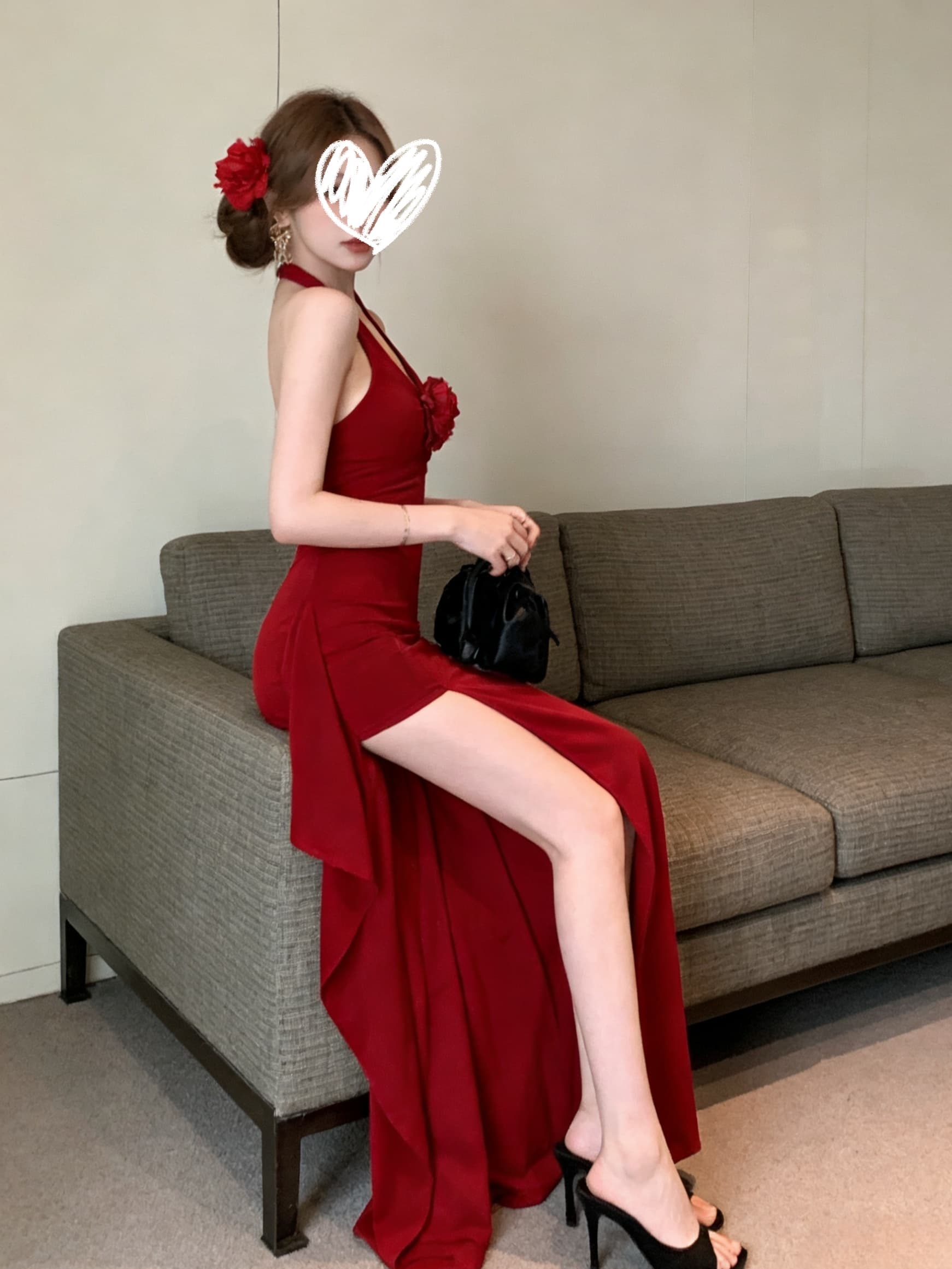 실사 섹시함 핫걸 빨간색 3 차원 꽃 V넥 롱 코트 트임 예복 해변가 휴가 행침 목 여성 드레스 상세 이미지 12