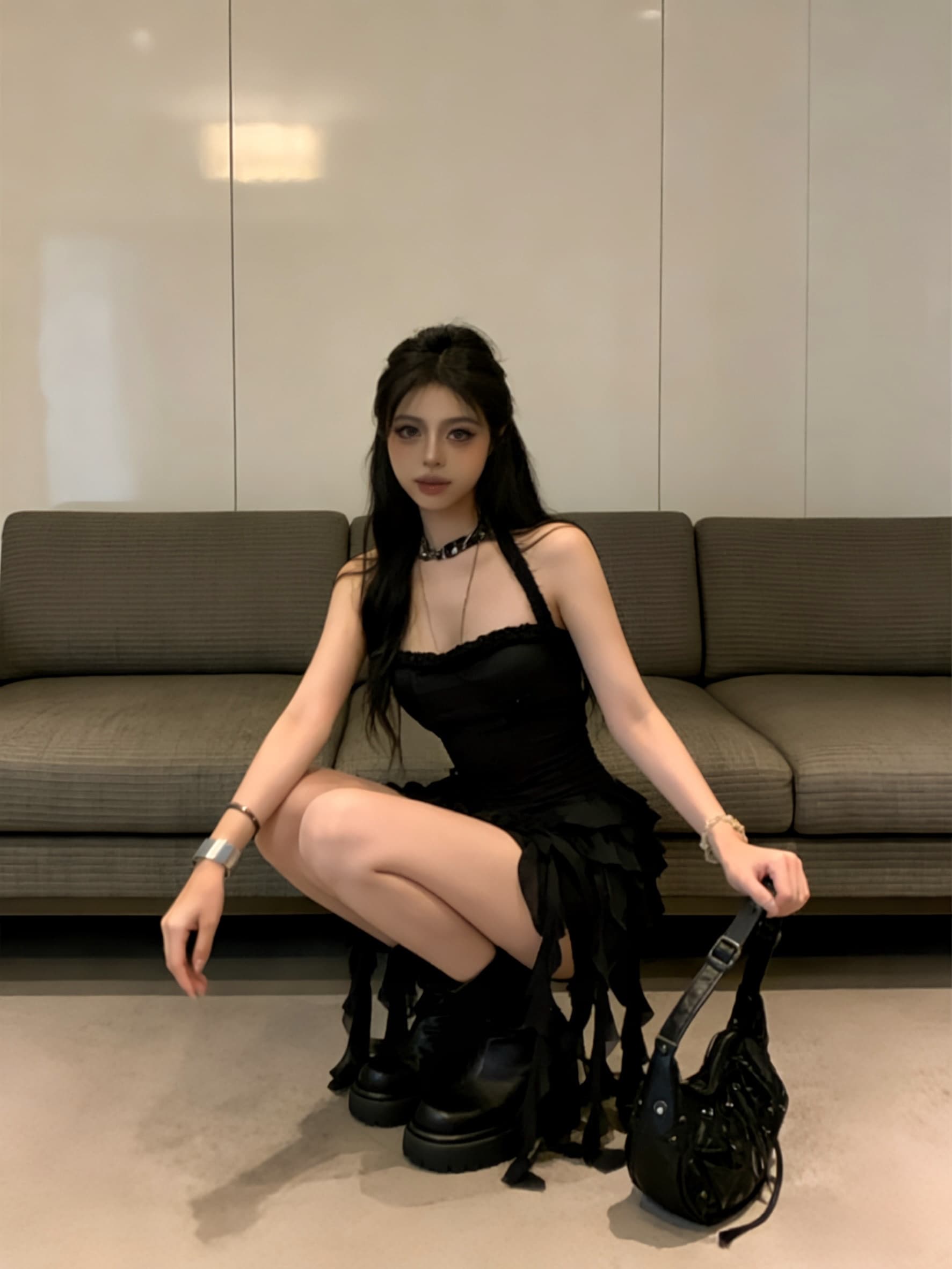 실사 검정색 불규칙 프릴 몸매 가꾸기 타이트 스커트 행침 목 신축성 섹시함 핫걸 패션 여성 드레스 상세 이미지 5