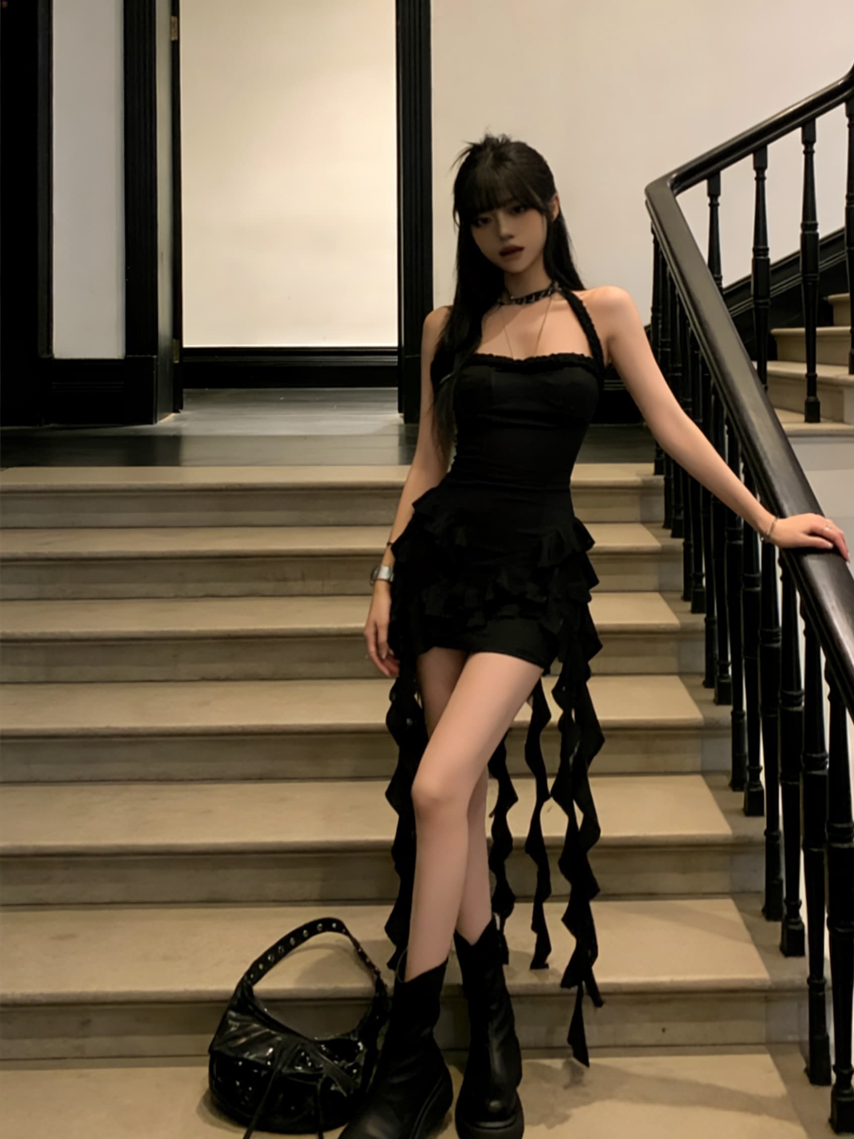 실사 검정색 불규칙 프릴 몸매 가꾸기 타이트 스커트 행침 목 신축성 섹시함 핫걸 패션 여성 드레스 상세 이미지 7