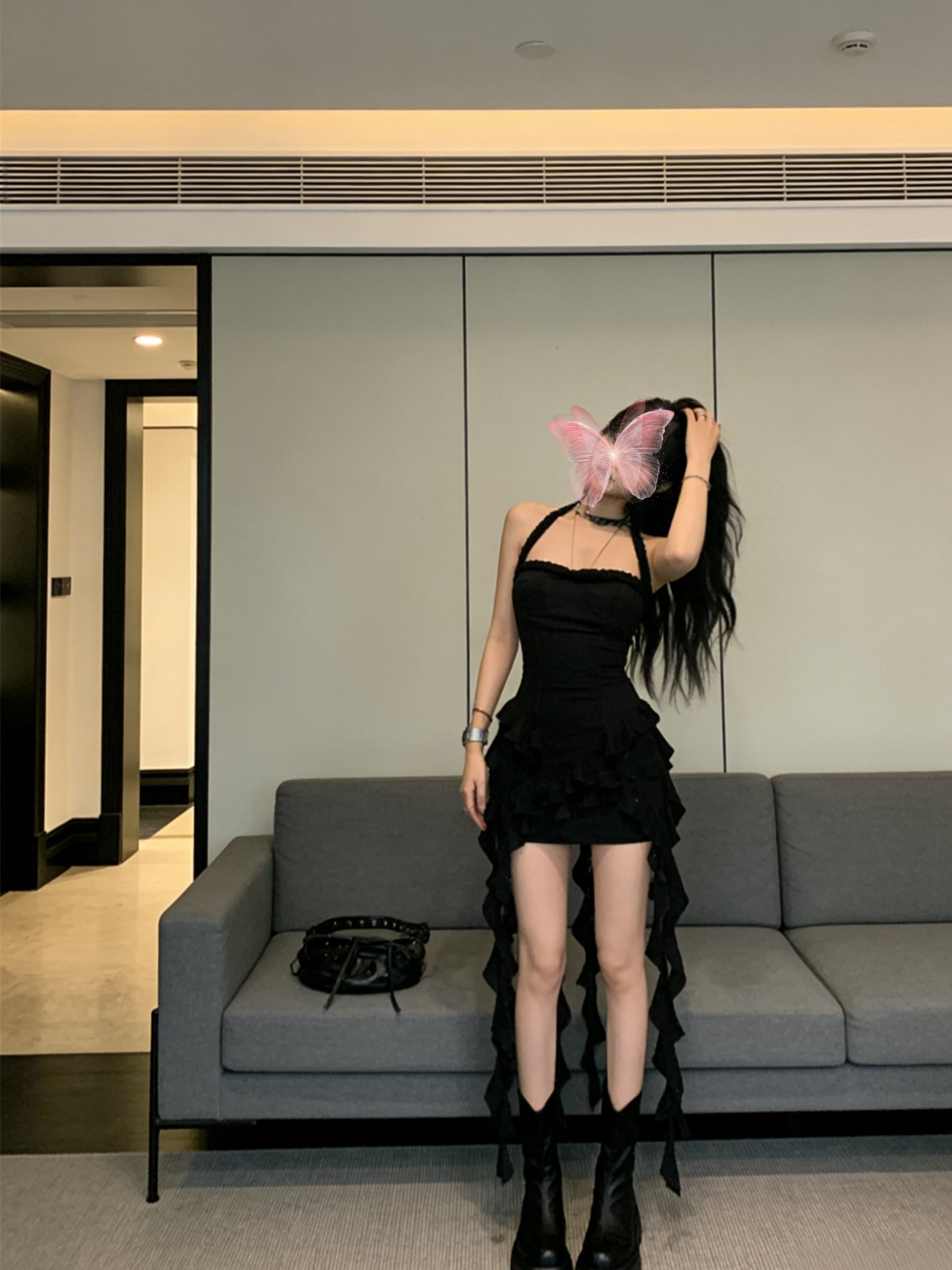 실사 검정색 불규칙 프릴 몸매 가꾸기 타이트 스커트 행침 목 신축성 섹시함 핫걸 패션 여성 드레스 상세 이미지 8