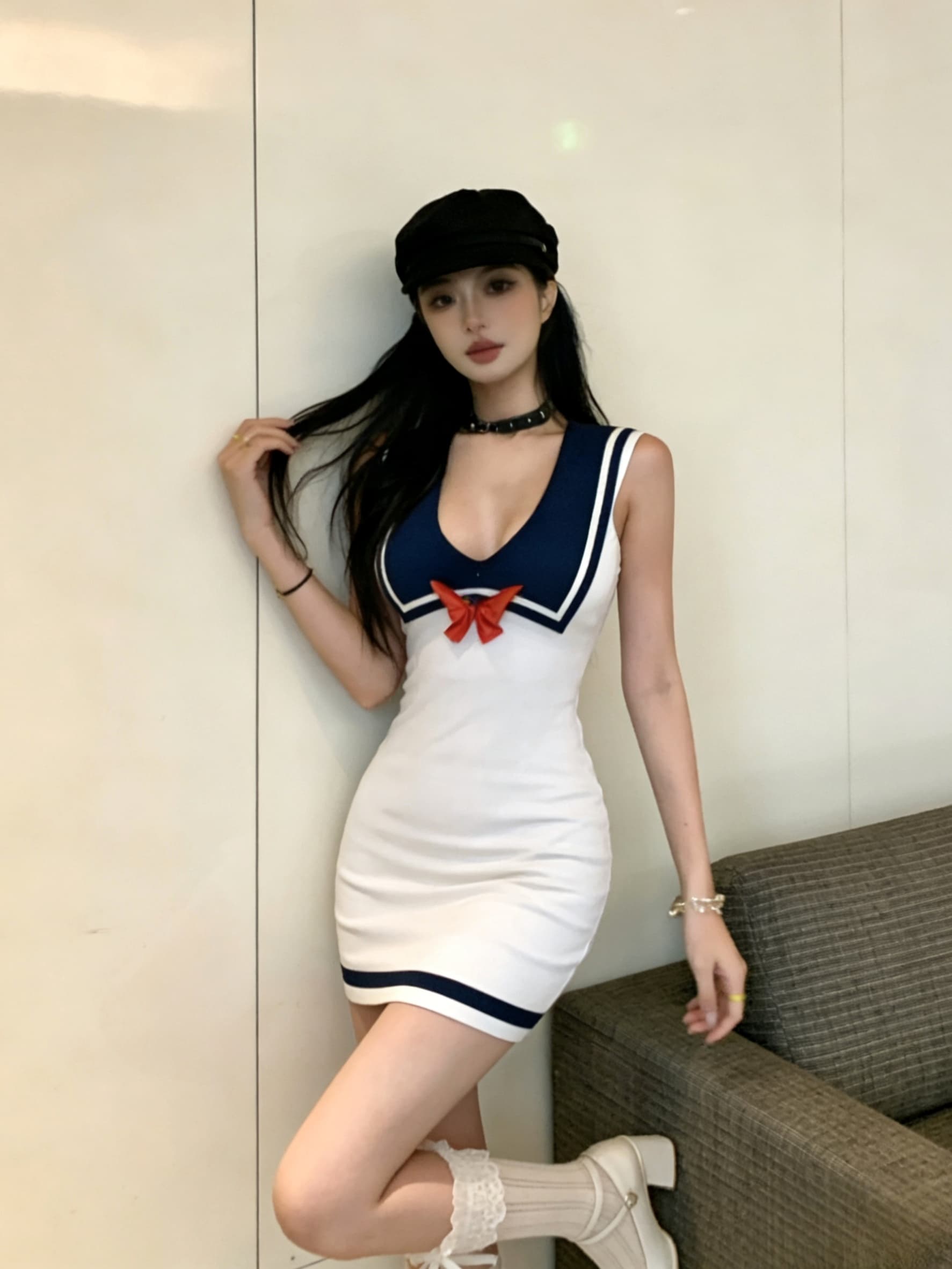 실사 순수한 욕망 달콤함 해군 스타일 낮은 네크라인 깊은 v 프린트 니트 몸매 가꾸기 타이트 스커트 핫걸 패션 여성 드레스 이미지 4