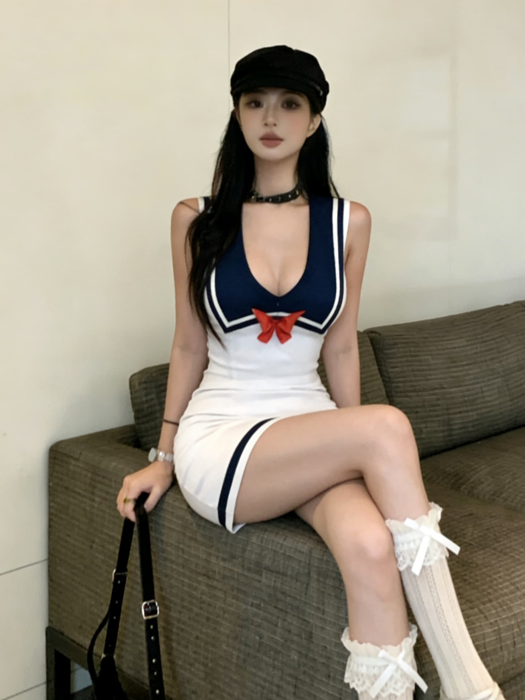실사 순수한 욕망 달콤함 해군 스타일 낮은 네크라인 깊은 v 프린트 니트 몸매 가꾸기 타이트 스커트 핫걸 패션 여성 드레스