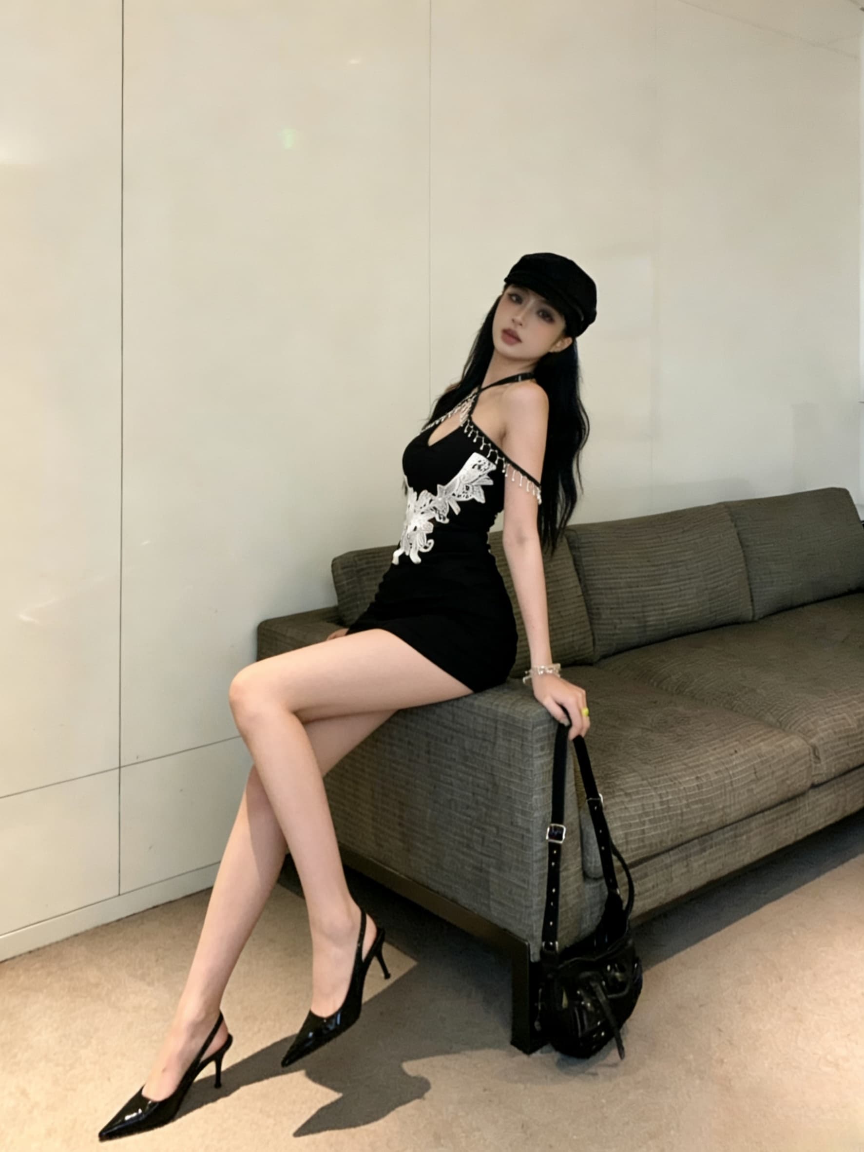 실사 섹시함 핫걸 패션 진주 꾸밈음 보트넥 타이트 타이트 스커트 여성 드레스 상세 이미지 13