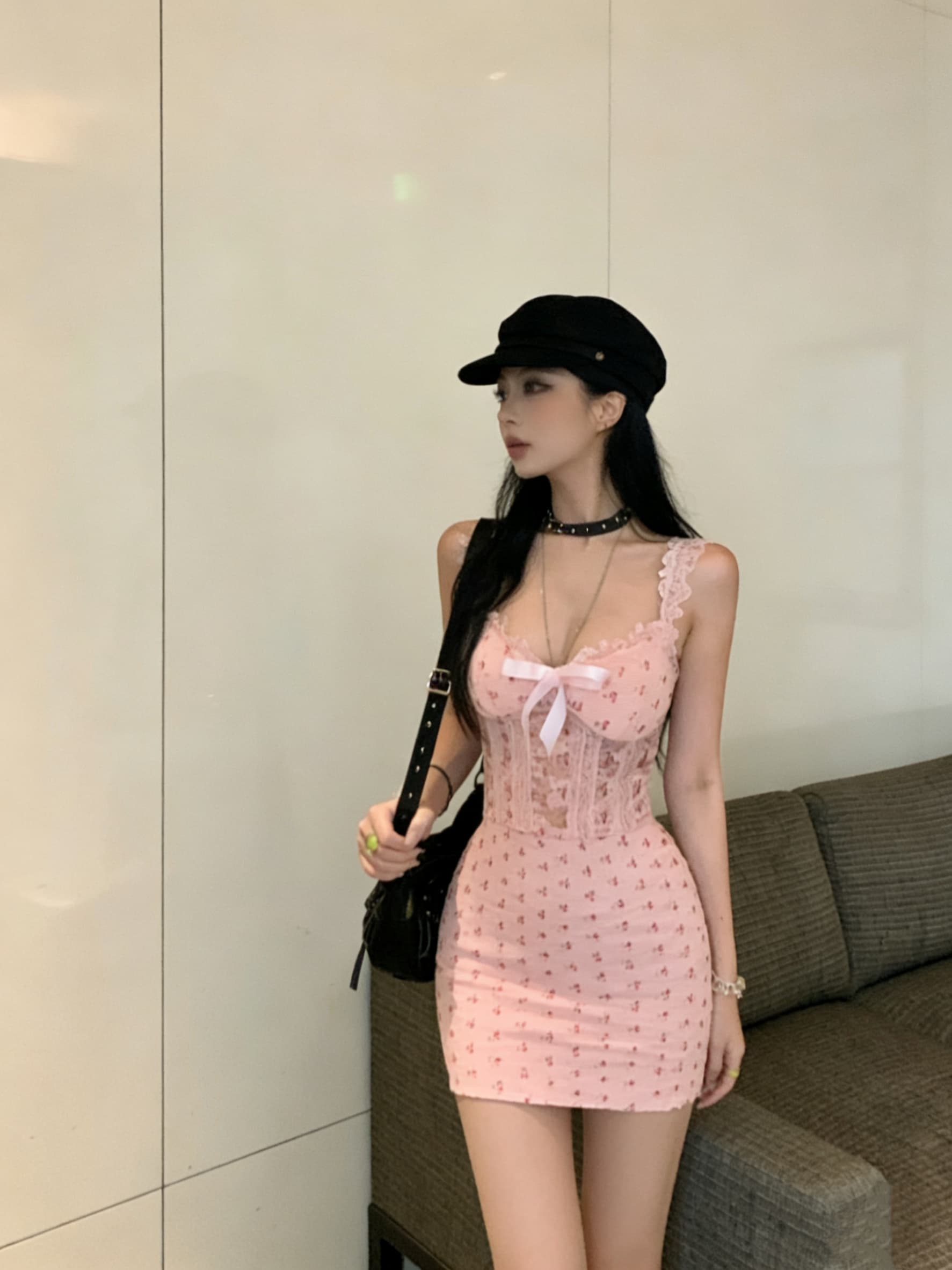 실사 얇은 스타일 섹시함 순수한 욕망 핑크색 달콤한 매운맛 몸매 가꾸기 타이트 스커트 민소매 레이스 조각 여성 드레스 상세 이미지 1