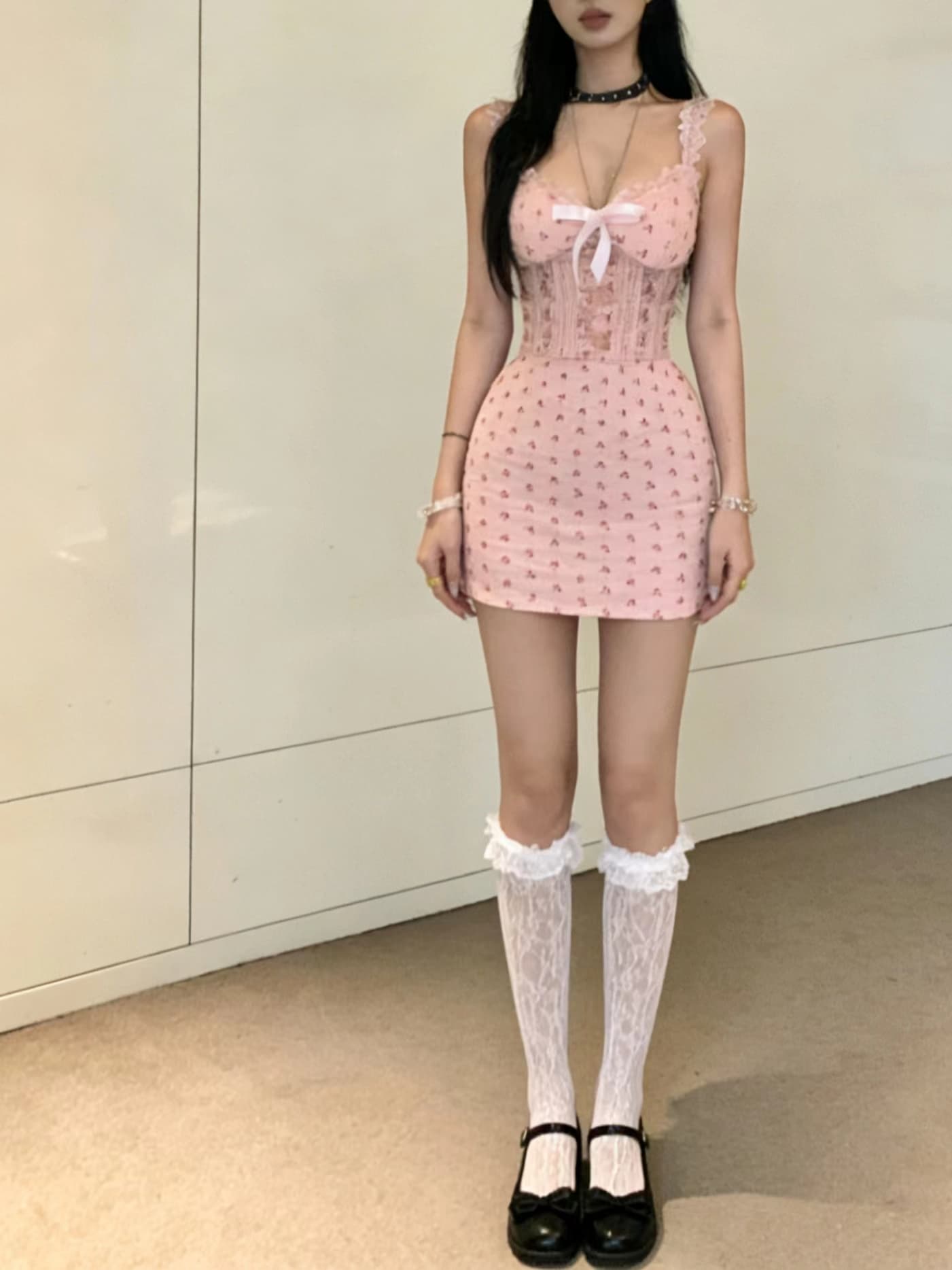 실사 얇은 스타일 섹시함 순수한 욕망 핑크색 달콤한 매운맛 몸매 가꾸기 타이트 스커트 민소매 레이스 조각 여성 드레스 상세 이미지 7