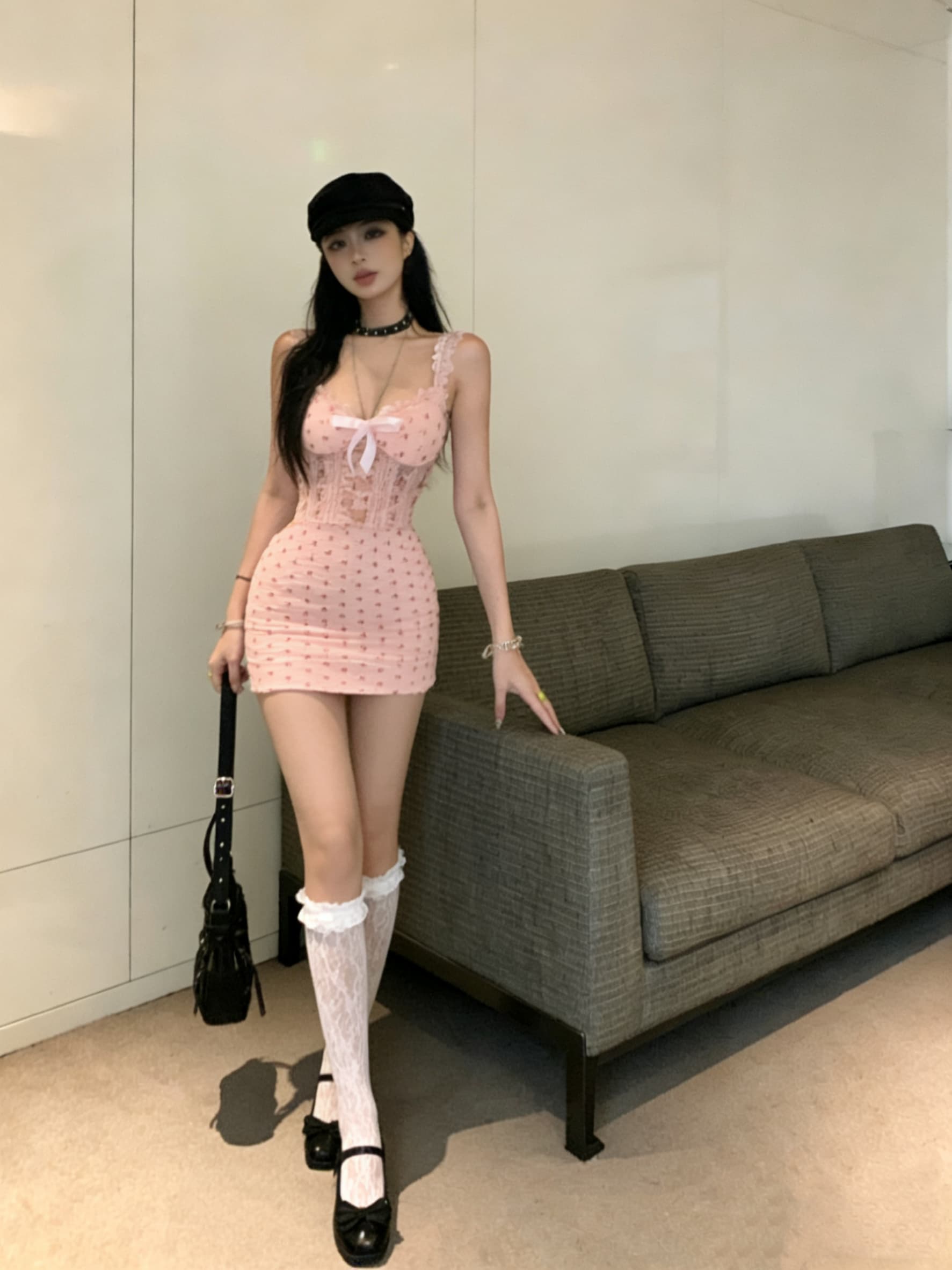 실사 얇은 스타일 섹시함 순수한 욕망 핑크색 달콤한 매운맛 몸매 가꾸기 타이트 스커트 민소매 레이스 조각 여성 드레스 상세 이미지 9