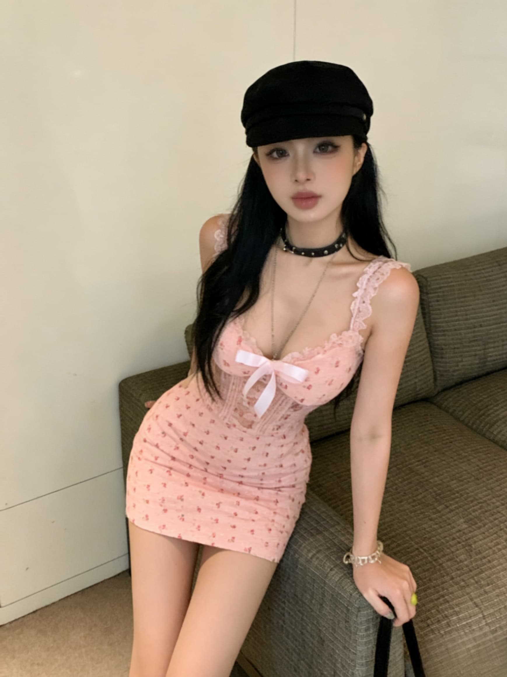 실사 얇은 스타일 섹시함 순수한 욕망 핑크색 달콤한 매운맛 몸매 가꾸기 타이트 스커트 민소매 레이스 조각 여성 드레스 상세 이미지 10