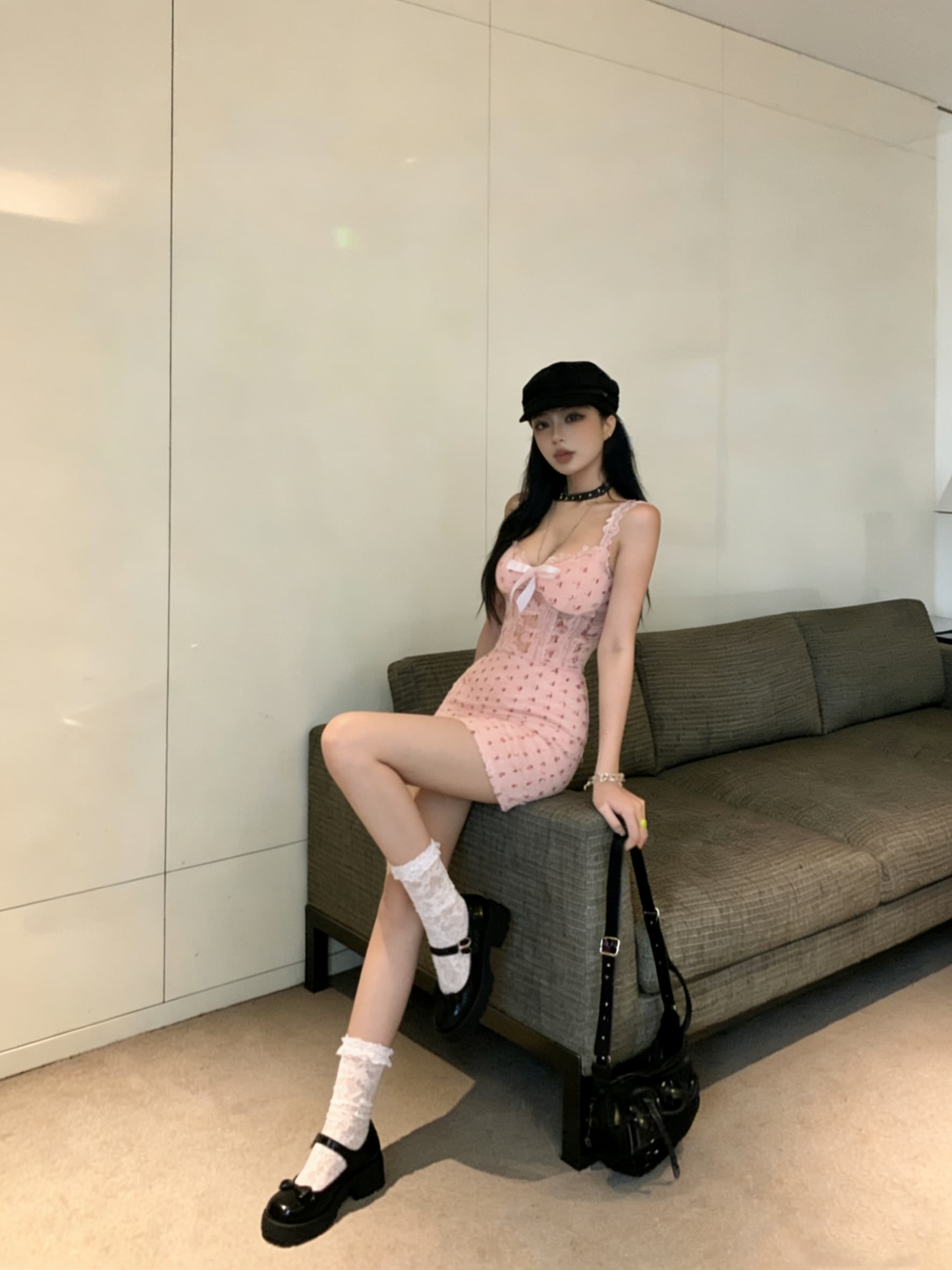 실사 얇은 스타일 섹시함 순수한 욕망 핑크색 달콤한 매운맛 몸매 가꾸기 타이트 스커트 민소매 레이스 조각 여성 드레스 상세 이미지 11