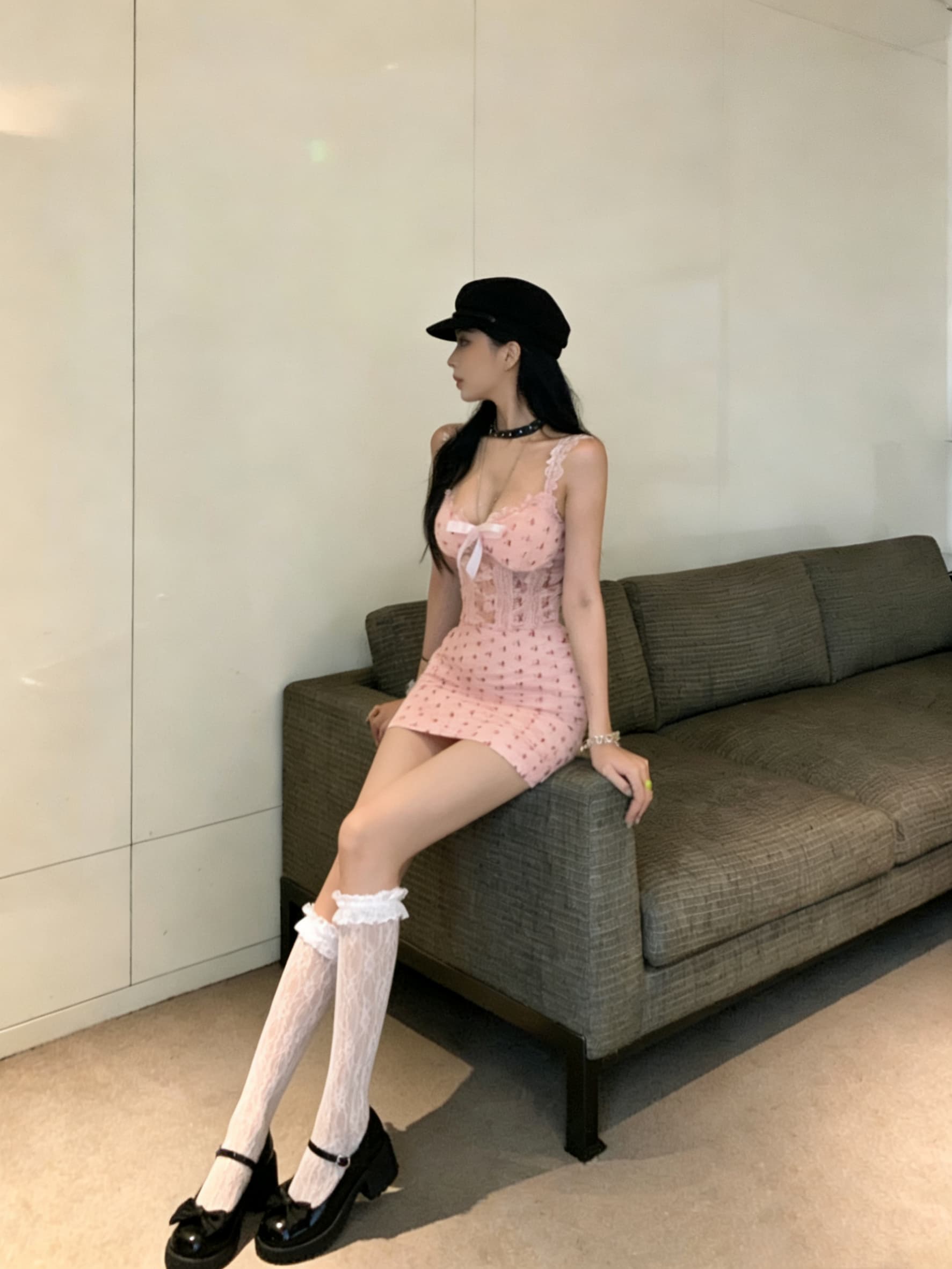 실사 얇은 스타일 섹시함 순수한 욕망 핑크색 달콤한 매운맛 몸매 가꾸기 타이트 스커트 민소매 레이스 조각 여성 드레스 상세 이미지 14