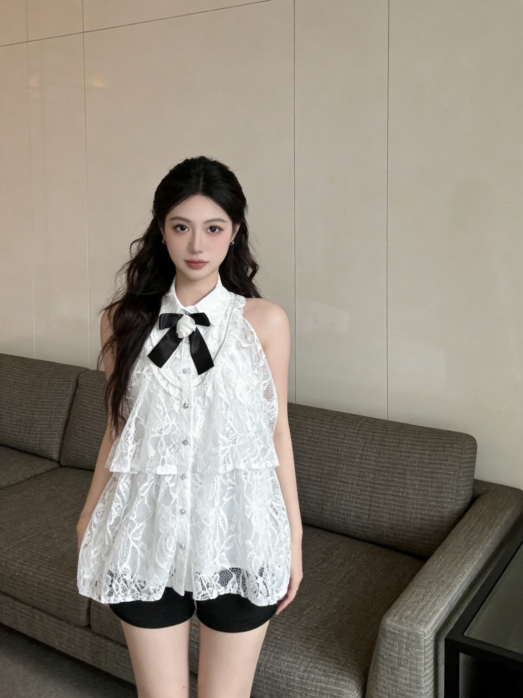 실사 민소매 루즈핏 셔츠 칼라 인형 품격 작은 샤넬 스타일 맨위 여성 레이스 패션 여성 이미지 4