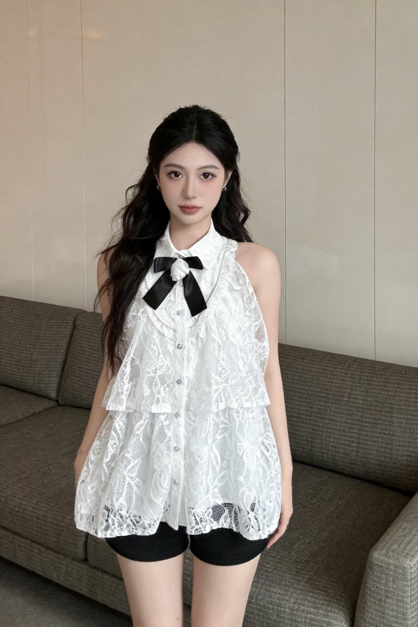 실사 민소매 루즈핏 셔츠 칼라 인형 품격 작은 샤넬 스타일 맨위 여성 레이스 패션 여성 이미지 6