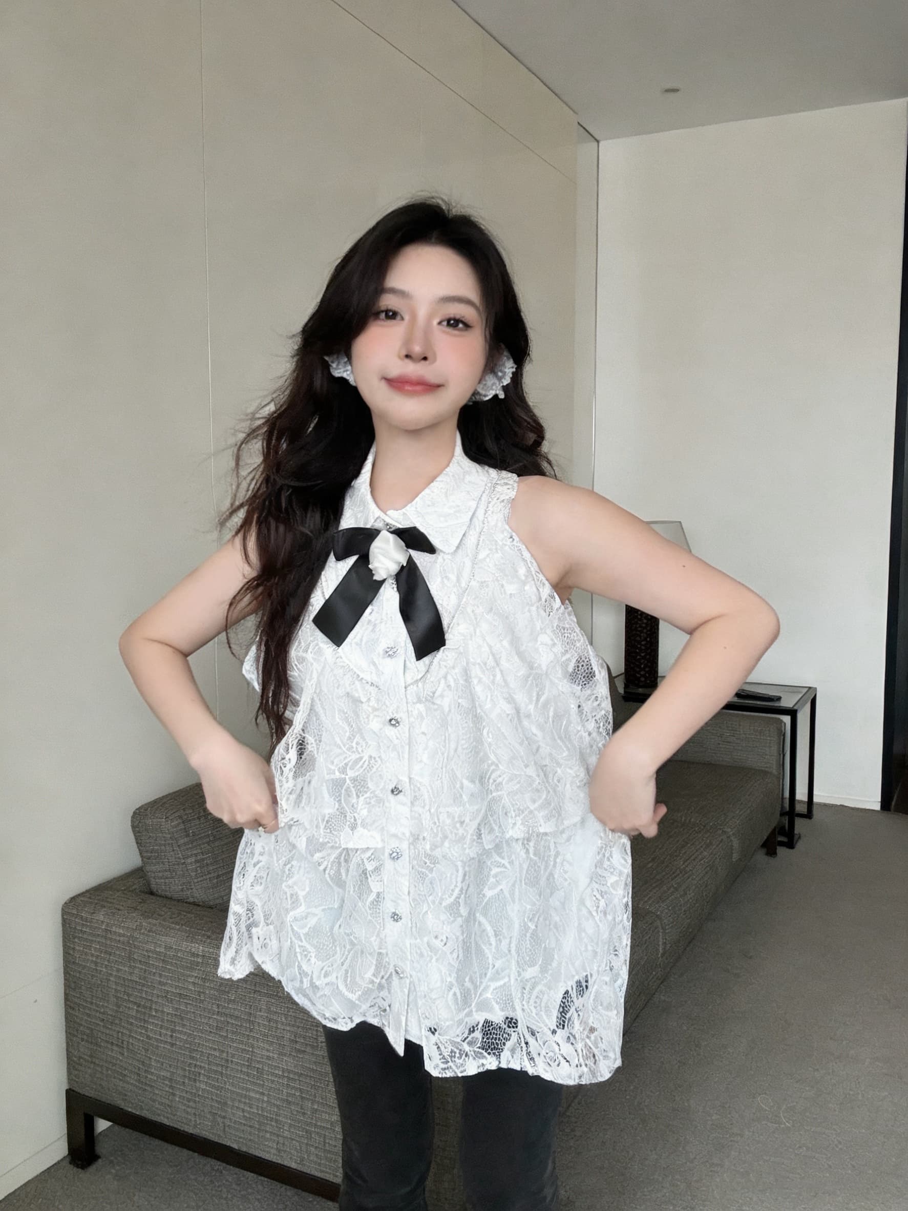실사 민소매 루즈핏 셔츠 칼라 인형 품격 작은 샤넬 스타일 맨위 여성 레이스 패션 여성 상세 이미지 3