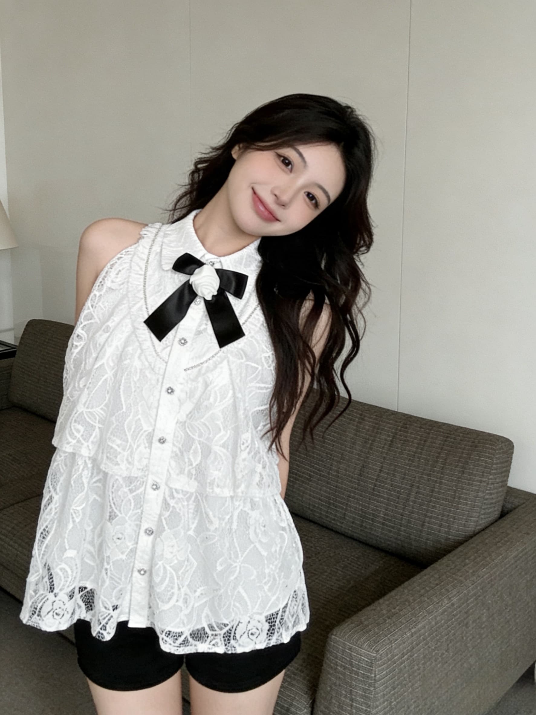 실사 민소매 루즈핏 셔츠 칼라 인형 품격 작은 샤넬 스타일 맨위 여성 레이스 패션 여성 상세 이미지 4