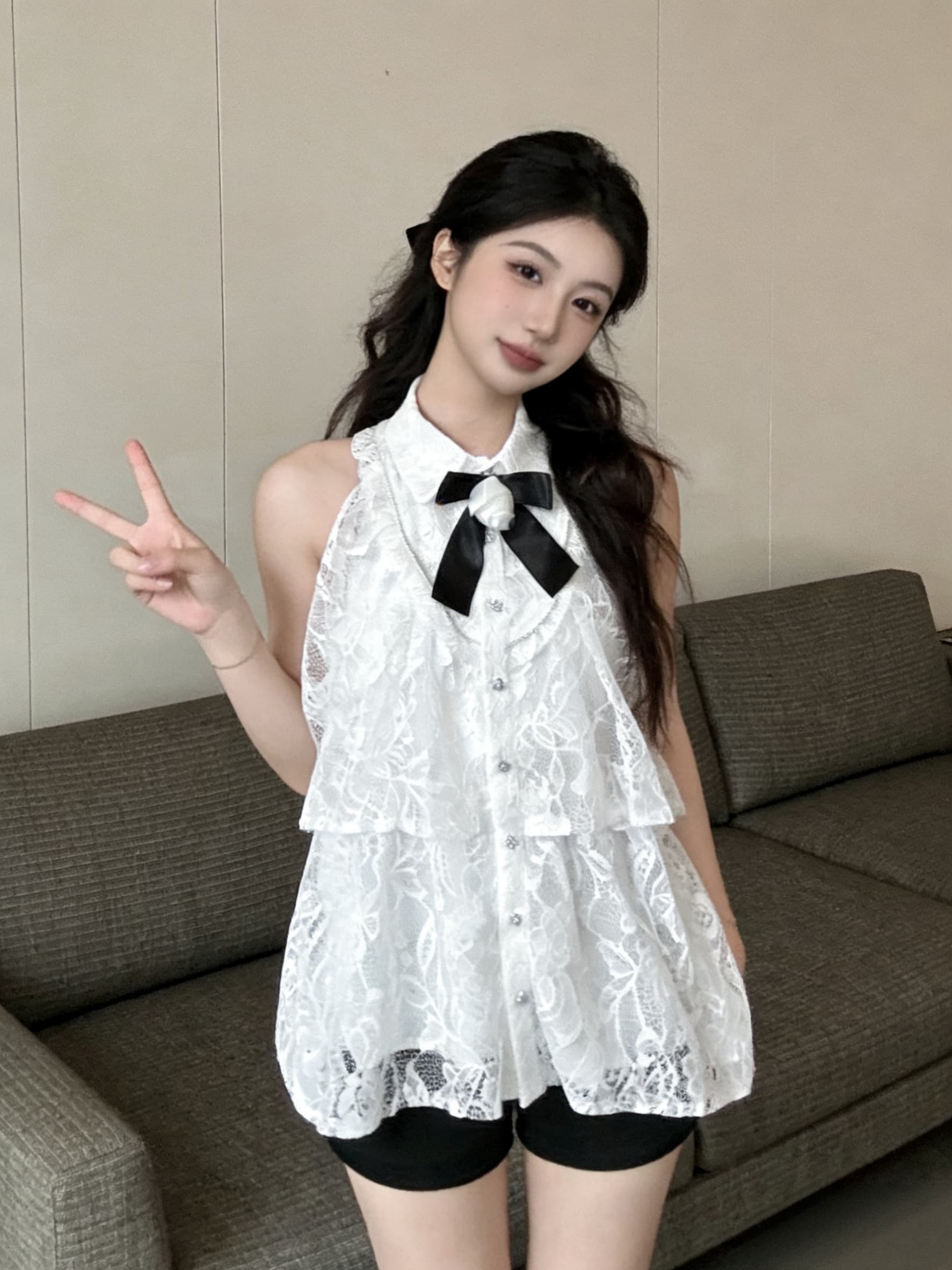 실사 민소매 루즈핏 셔츠 칼라 인형 품격 작은 샤넬 스타일 맨위 여성 레이스 패션 여성 상세 이미지 10