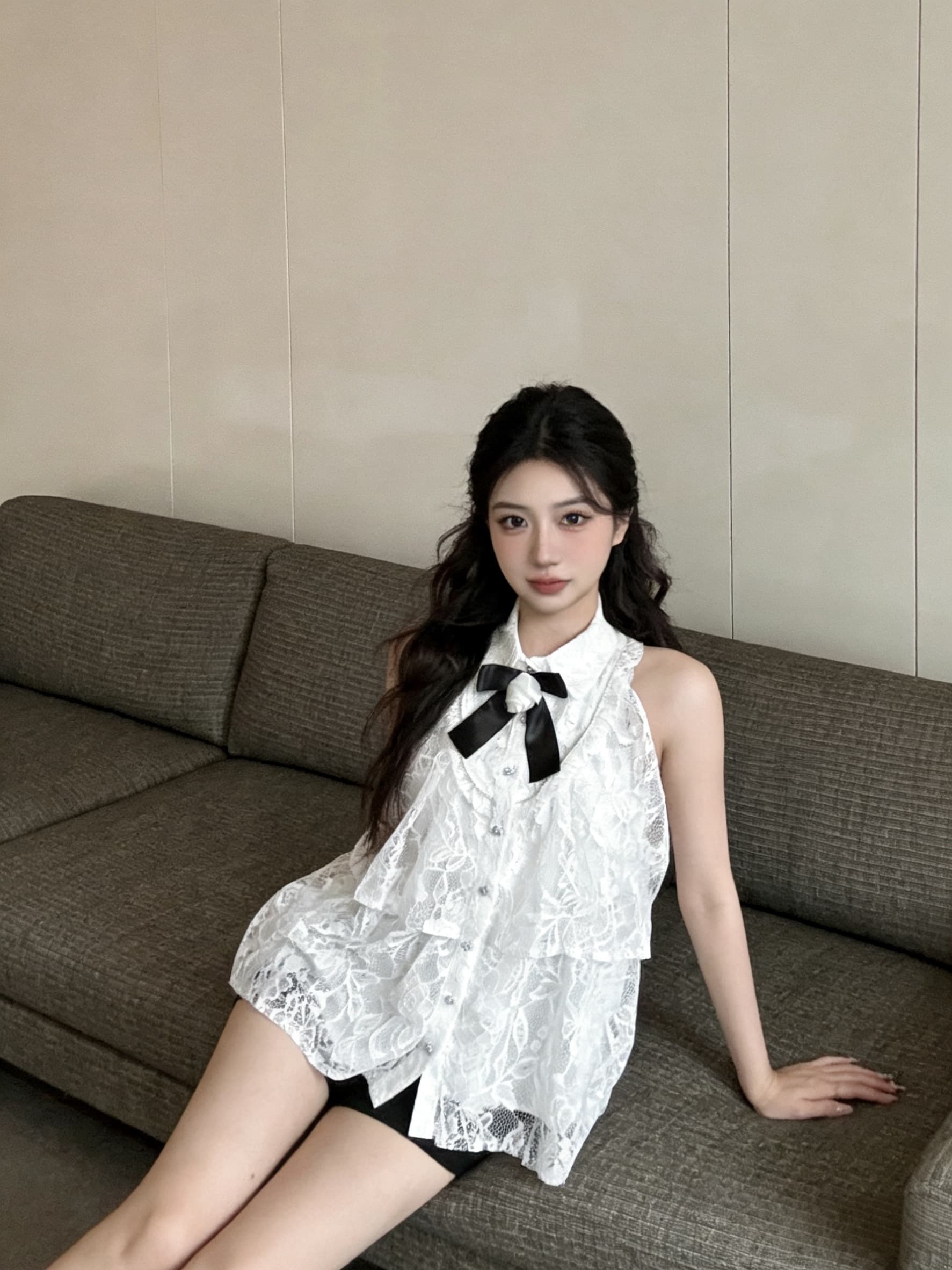 실사 민소매 루즈핏 셔츠 칼라 인형 품격 작은 샤넬 스타일 맨위 여성 레이스 패션 여성 상세 이미지 11